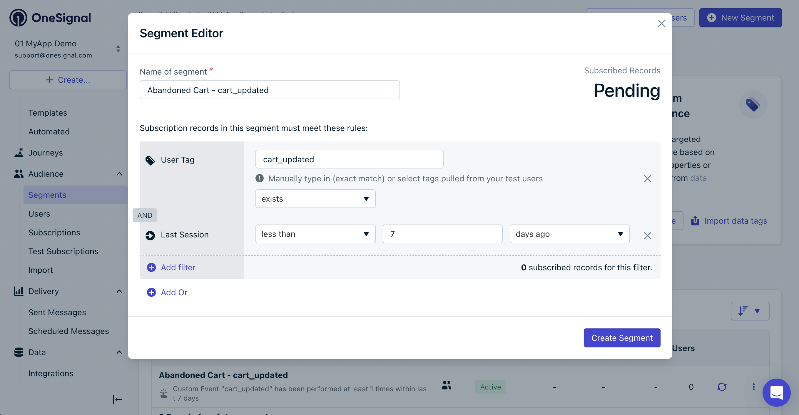Segmento de Carrinho Abandonado com Filtro de Tag onde a tag cart_updated existe e a última sessão é menos de 7 dias atrás