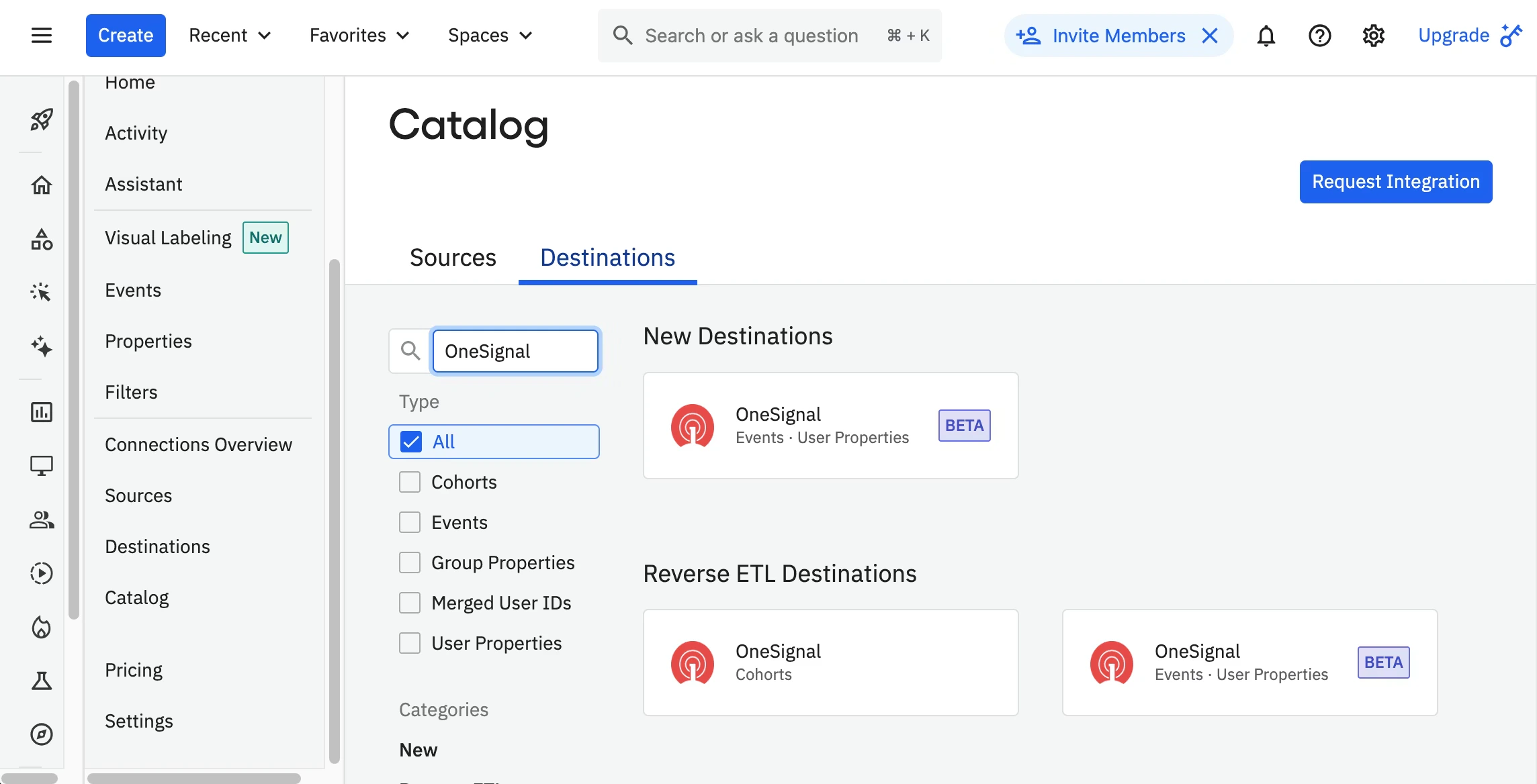 Amplitude destinations catalog with OneSignal selected
