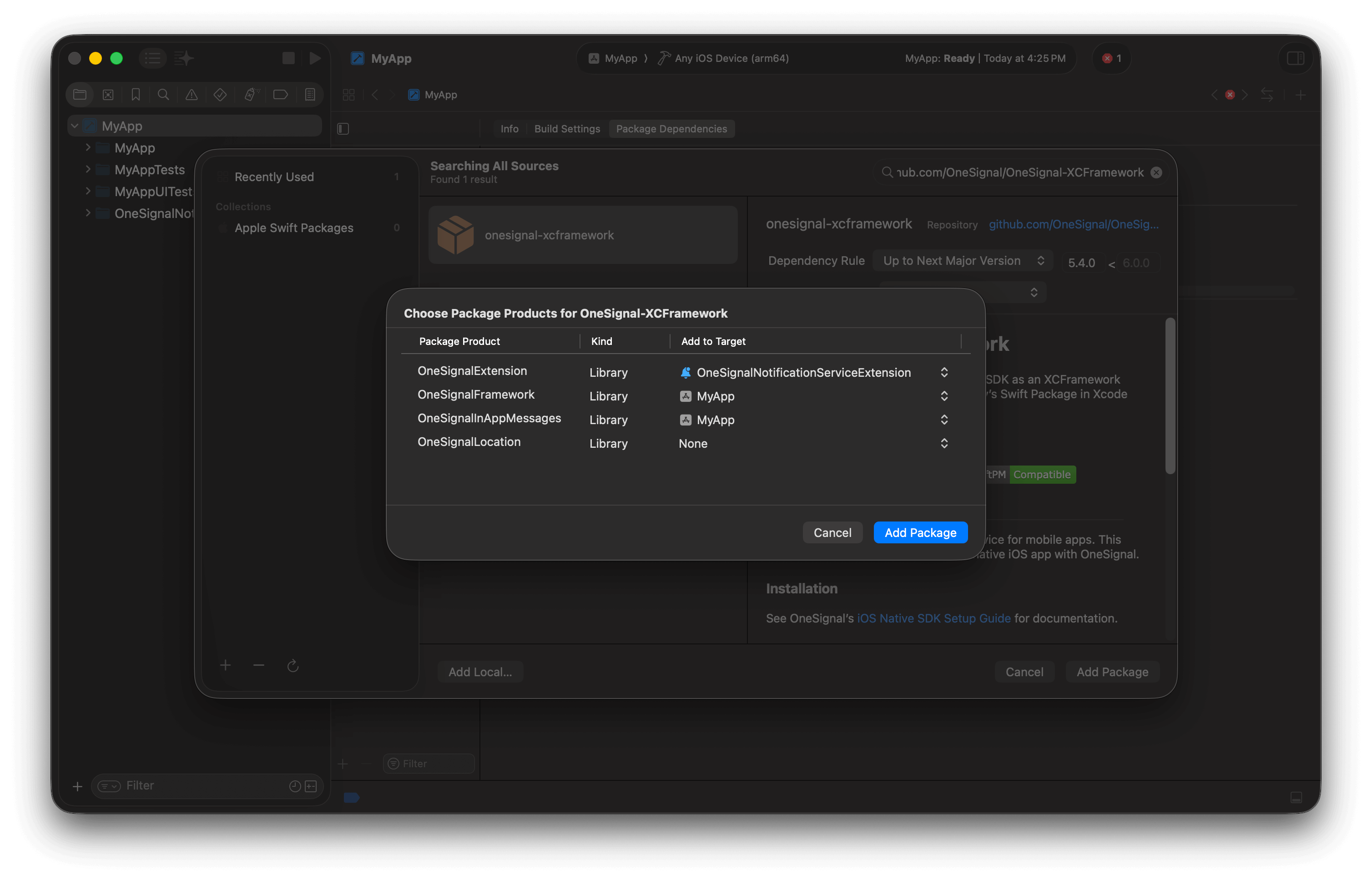 Xcode showing the example shows adding the correct packages to the correct targets omitting Location. If you want location tracking, add it to the main app target.