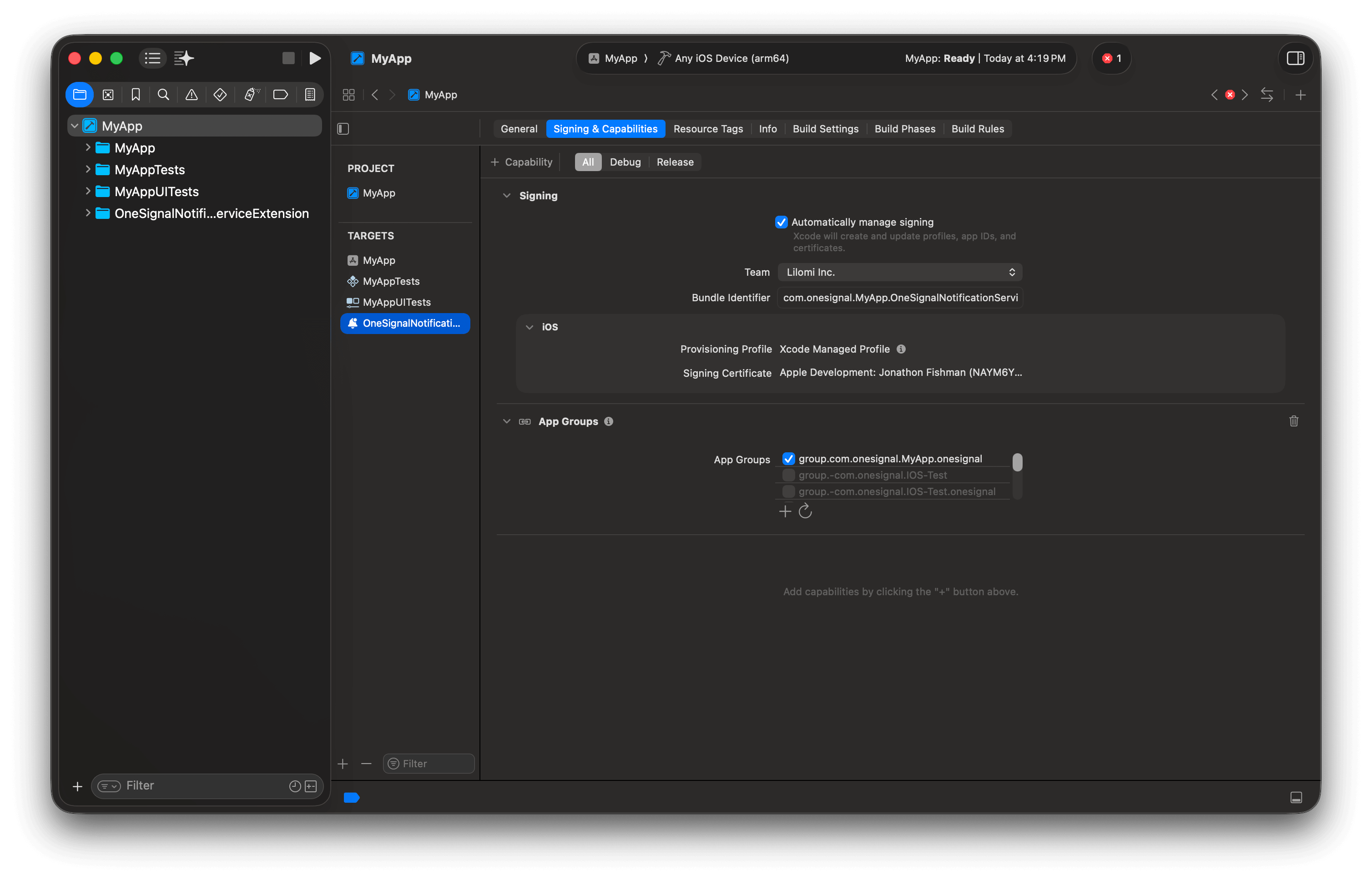 Xcode showing the OneSignalNotificationServiceExtension target is part of the same group.YOUR_BUNDLE_IDENTIFIER.onesignal App Group.