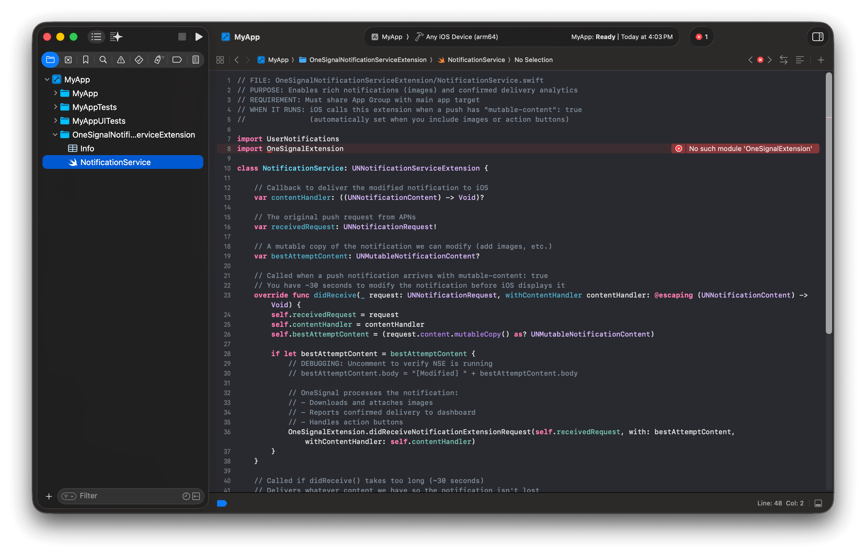Xcode showing the updated NSE code with error that will resolve after installing the SDK.