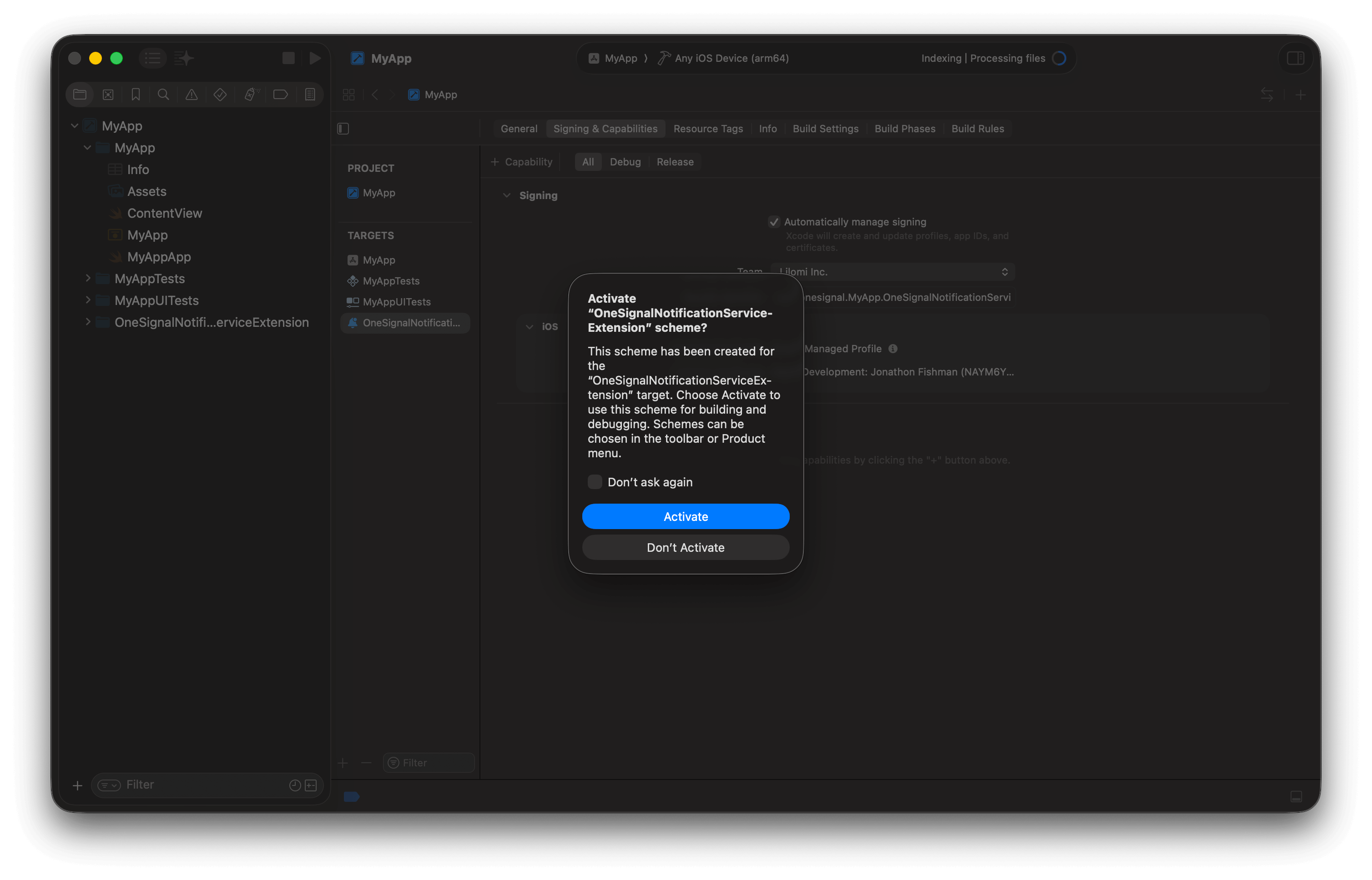 Xcode showing how to not activate the NSE Scheme.