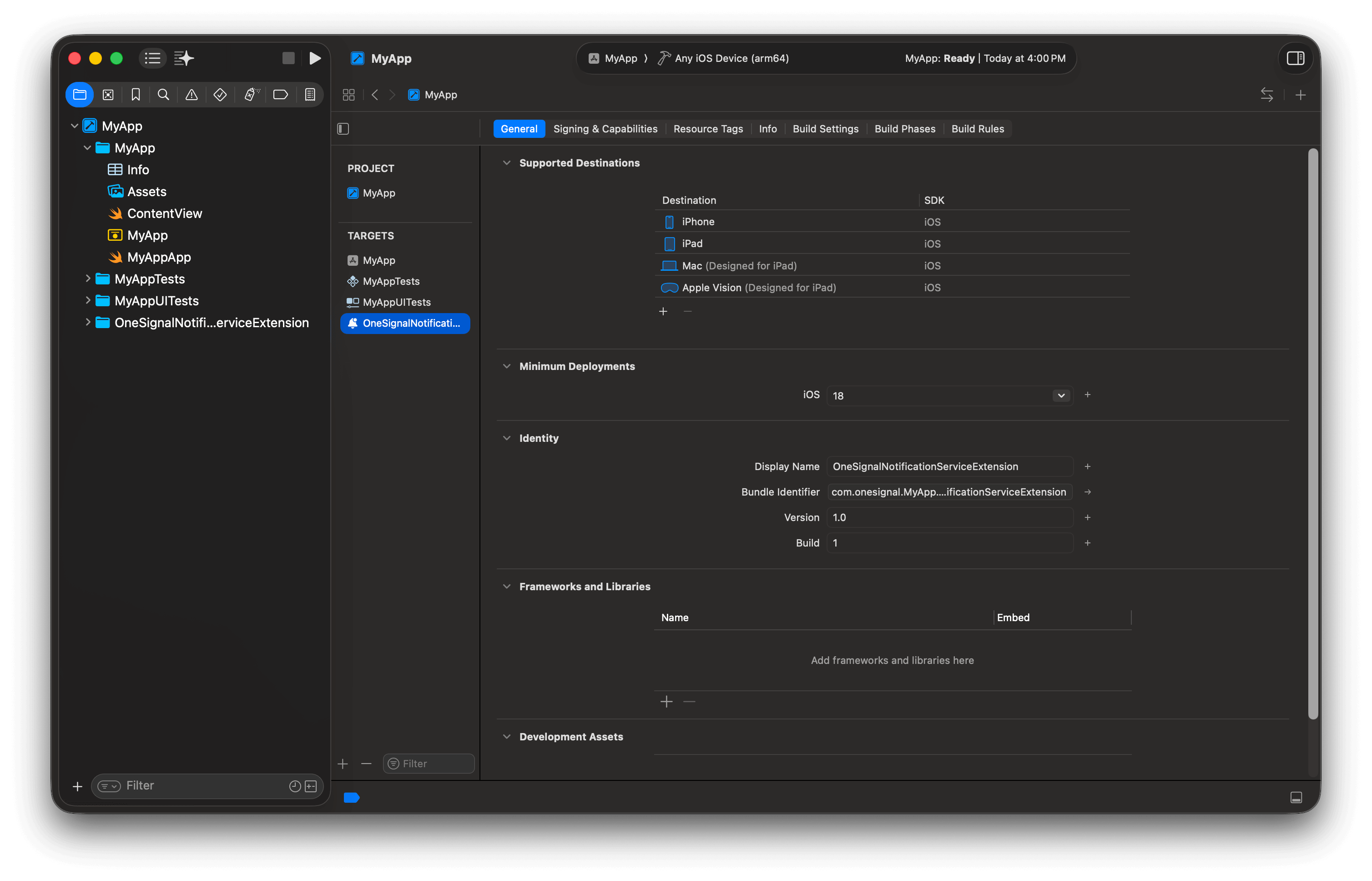 Xcode showing how to set the OneSignalNotificationServiceExtension Minimum Deployments target to be the same as your main App target.