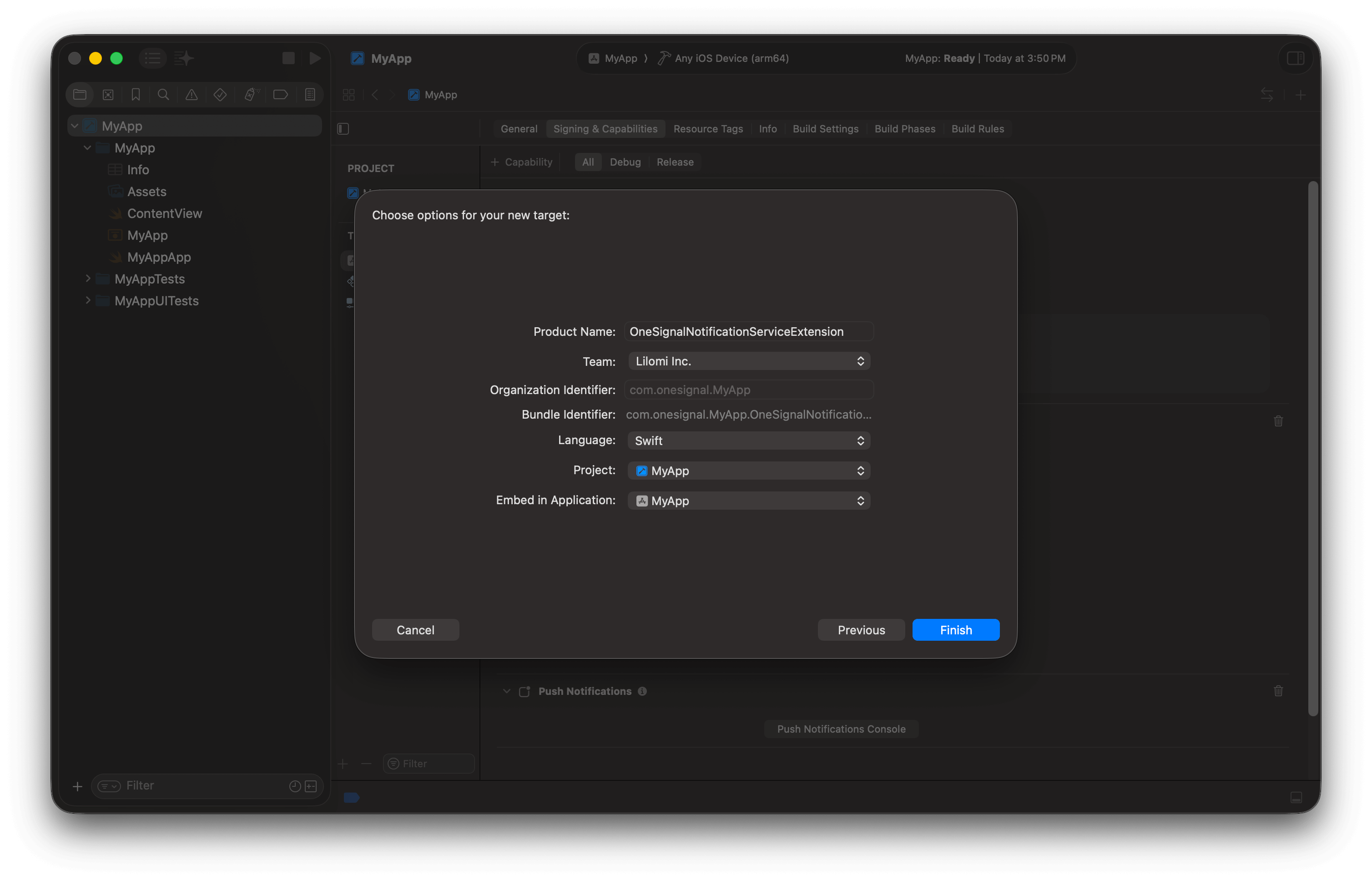 Xcode showing how to name the Notification Service Extension and use the following options if your app is written in Swift.
