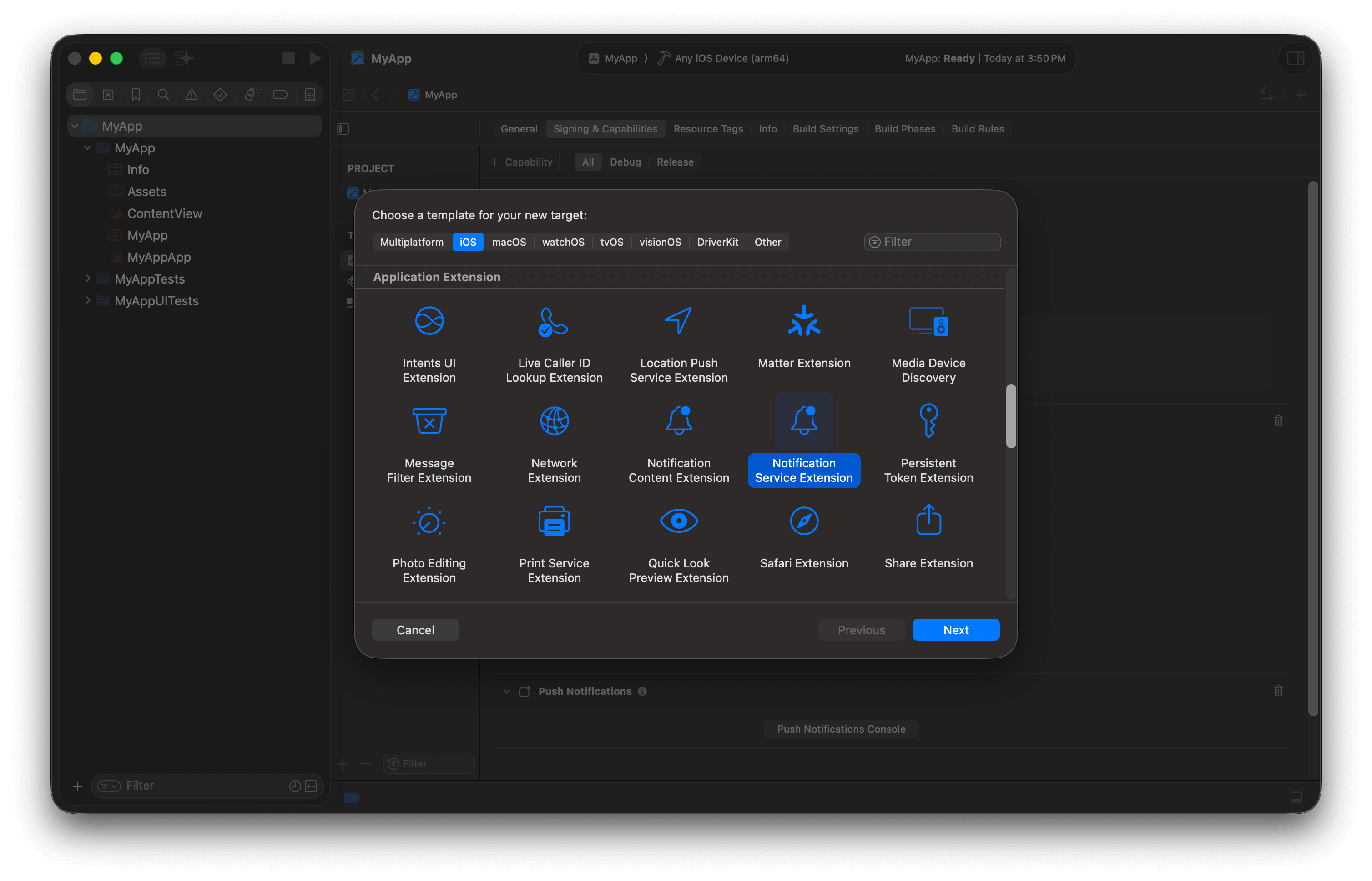 Xcode showing how to createthe Notification Service Extension target.