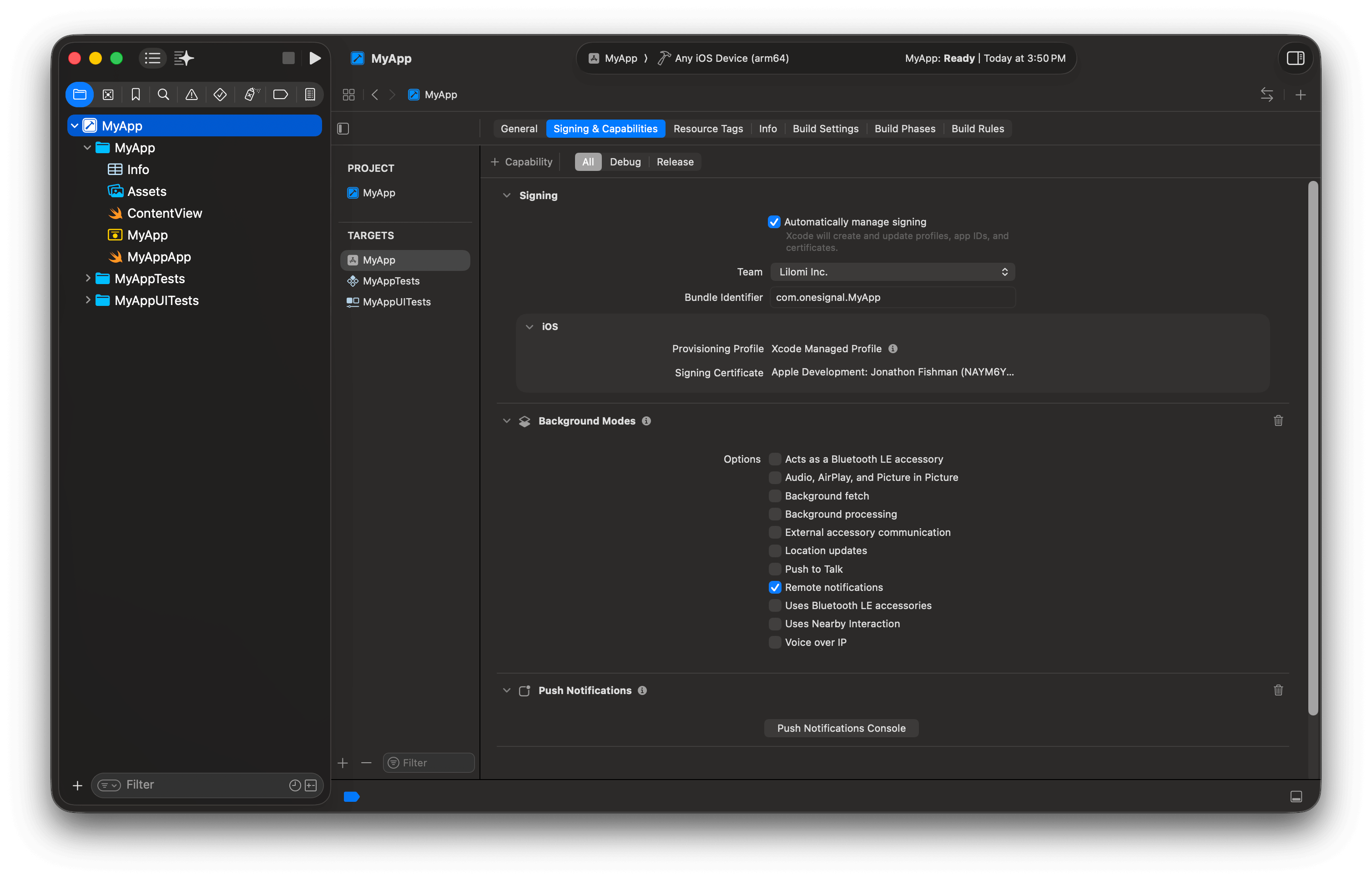Xcode showing the app target with Push Notifications and Background Modes capabilities.