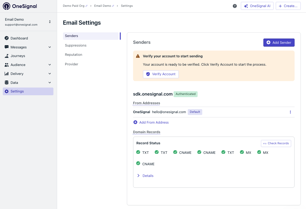 OneSignal dashboard prompt to verify your email account