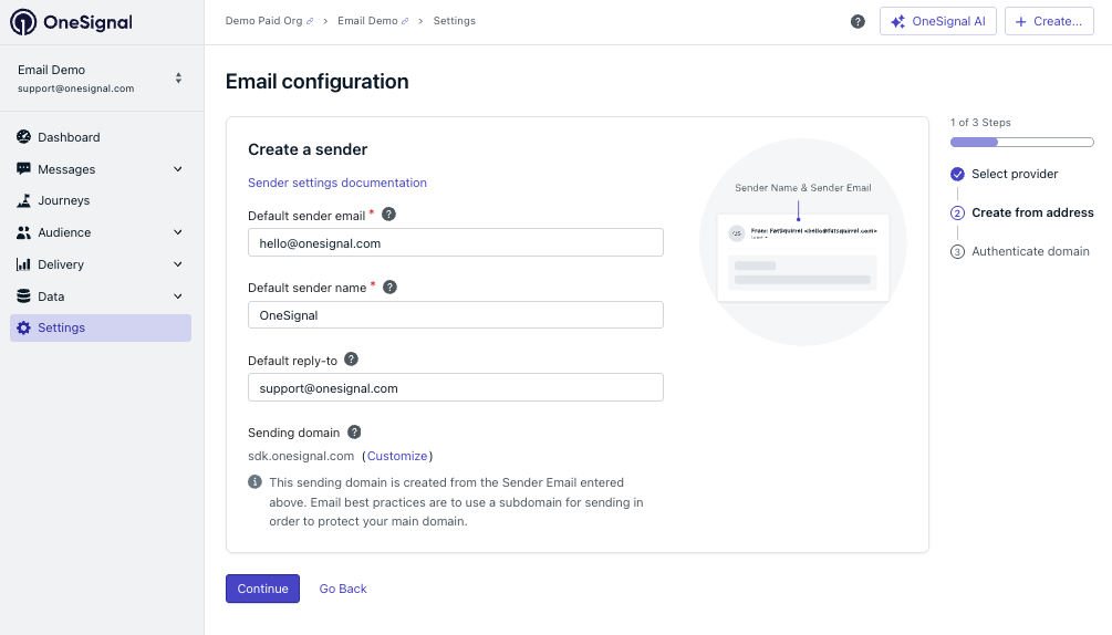 Form fields for default sender email, name, reply-to, and sending domain