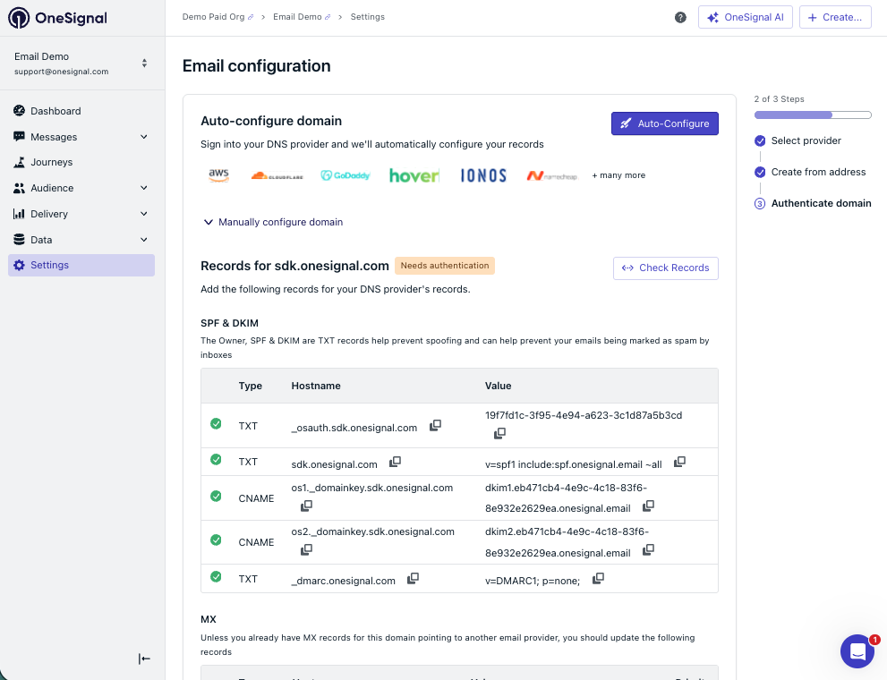 OneSignal dashboard showing required DNS records and their verification status