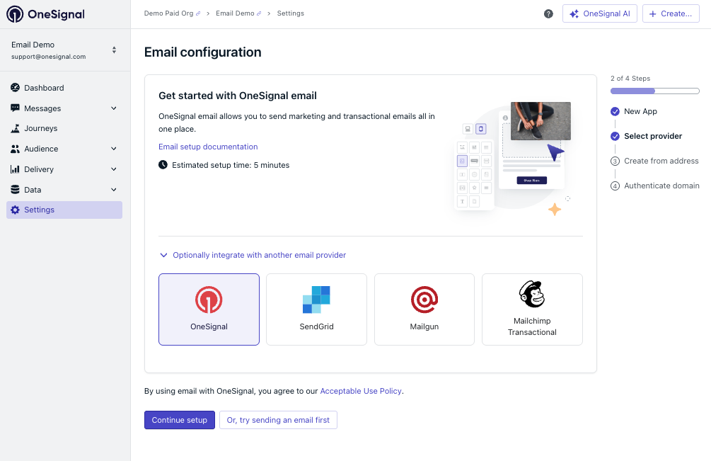 Email configuration page showing provider options