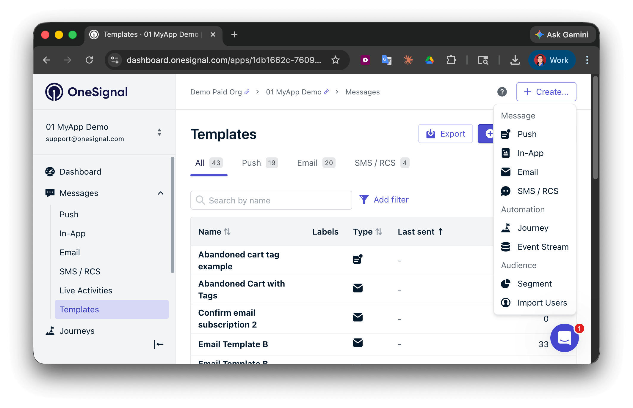 OneSignal dashboard showing create message options
