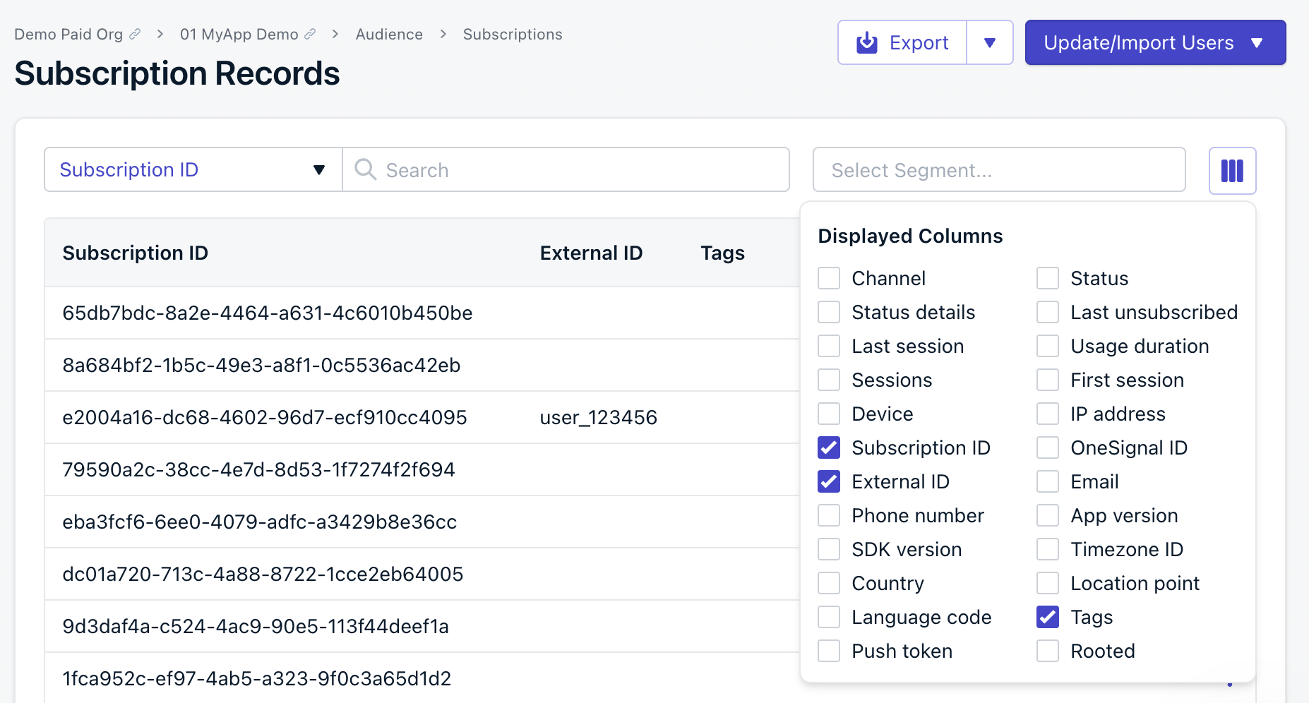 Selecione as colunas exibíveis para exportação