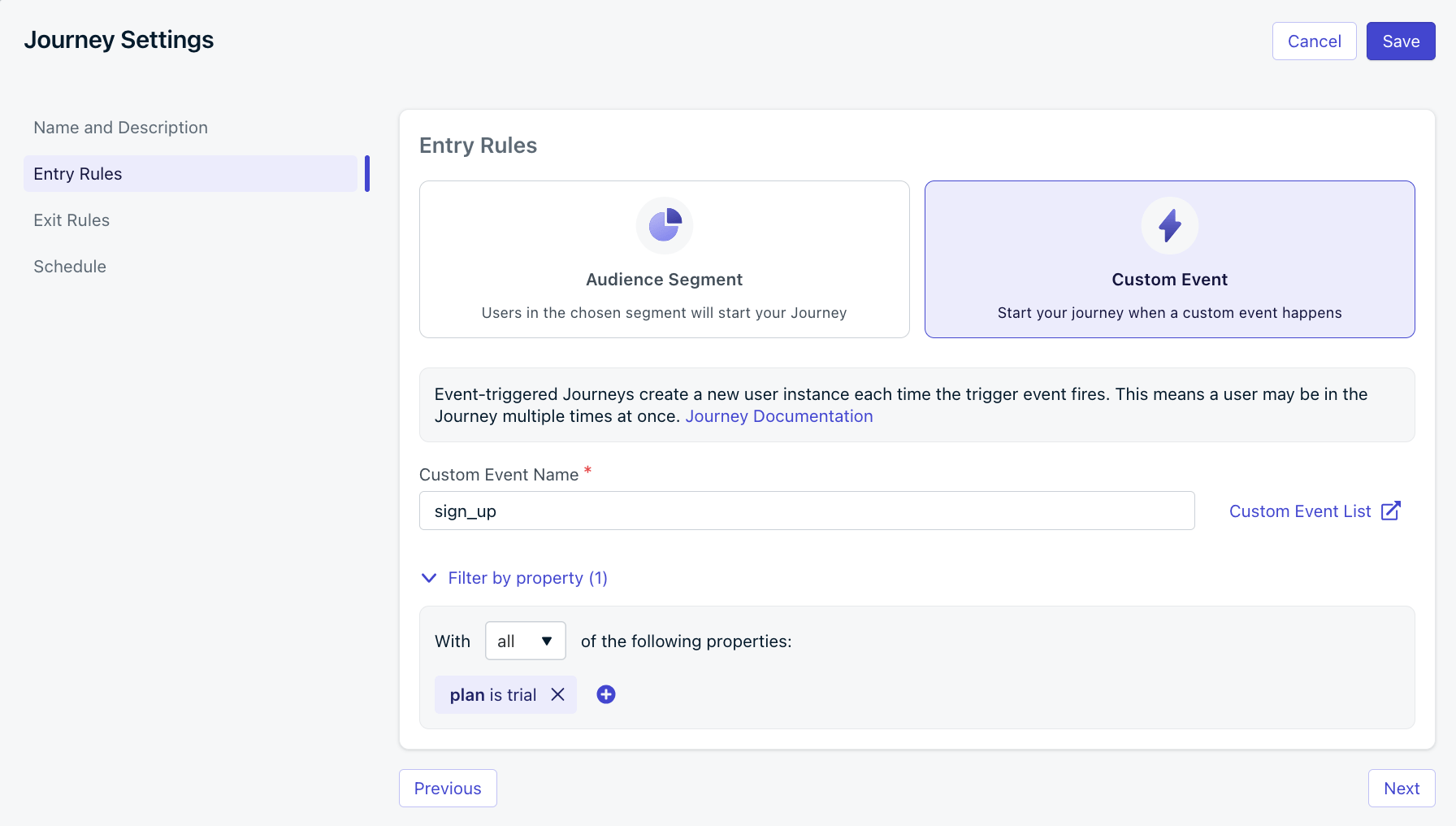 Journey custom event property filters