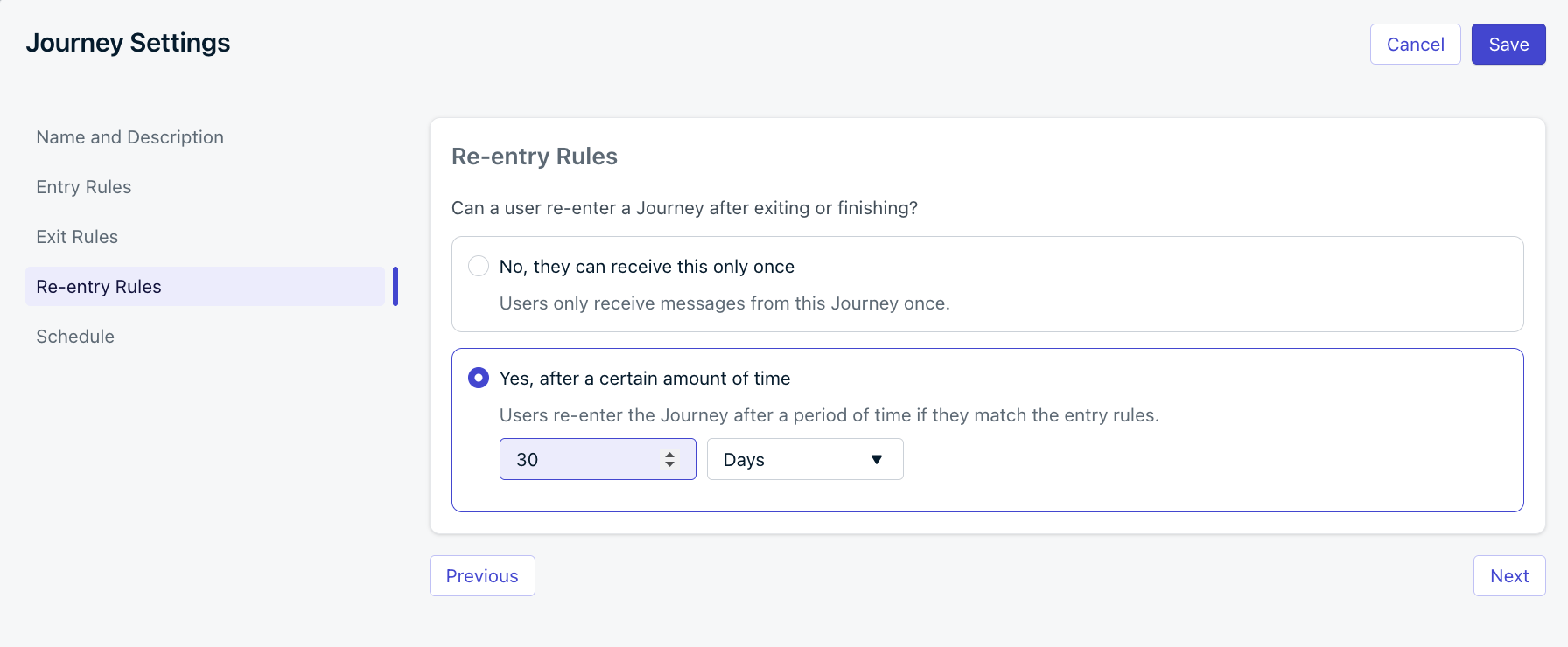 Re-entry configuration for a Journey