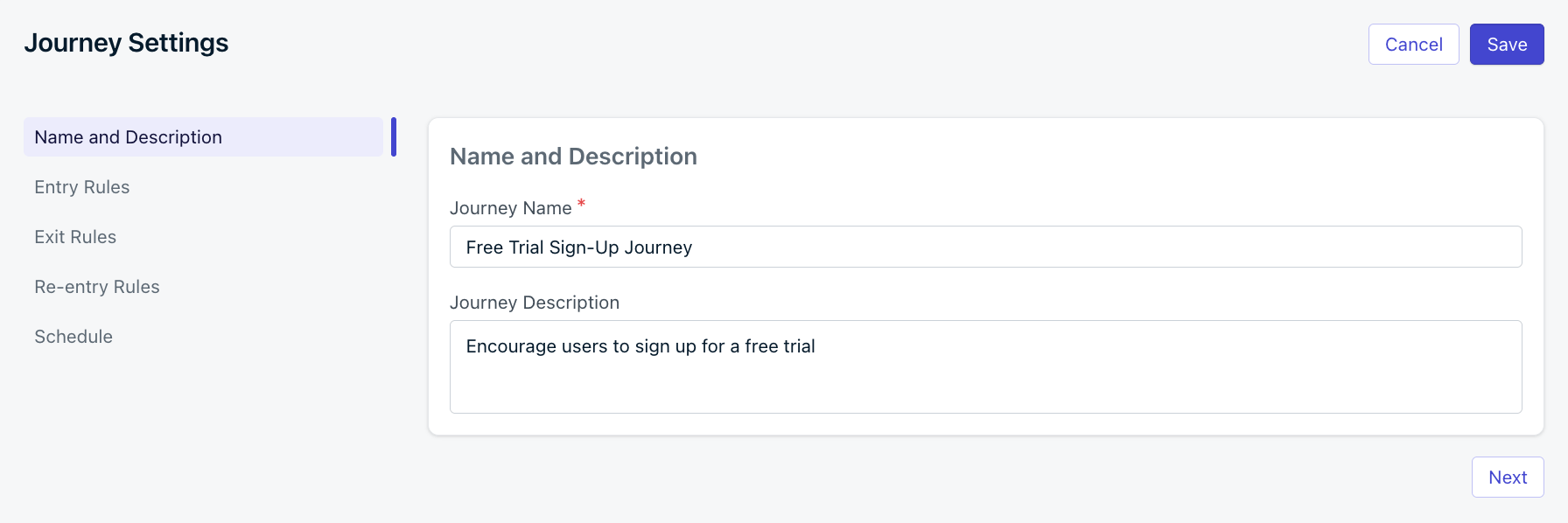 Journey Settings screen