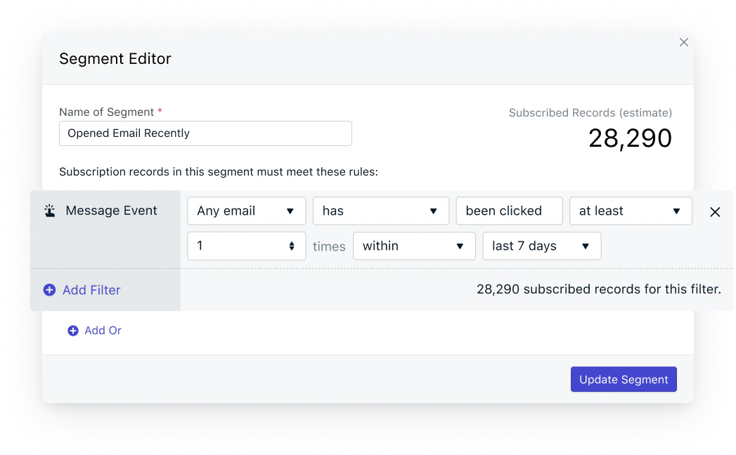 Email message event filter in the OneSignal segment builder