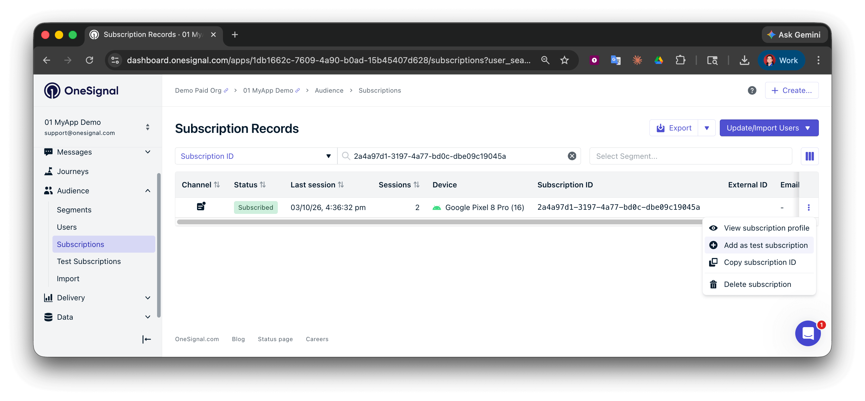Options menu on a subscription record with Add as test subscription highlighted