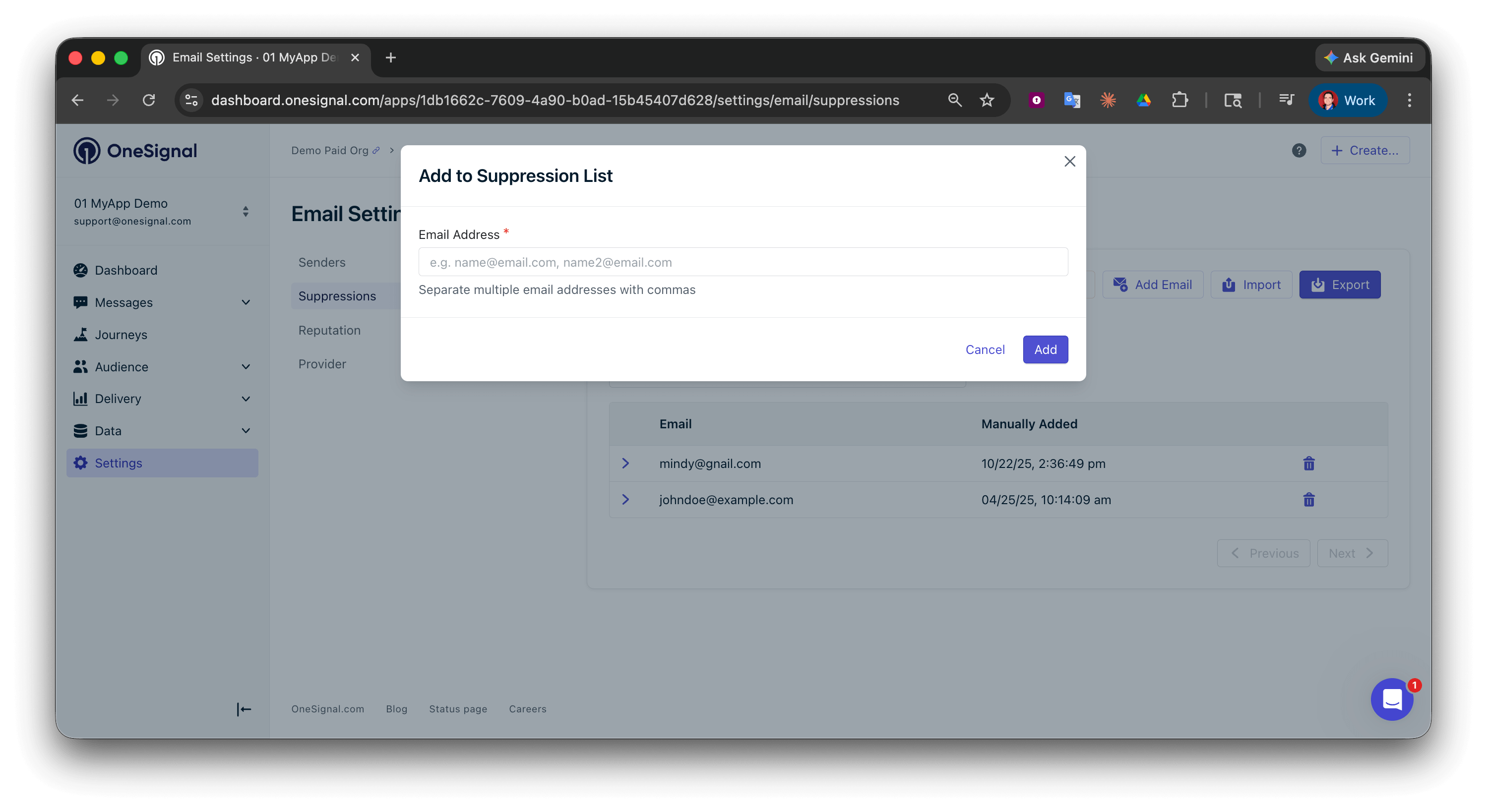 Add Email button in the OneSignal suppression list