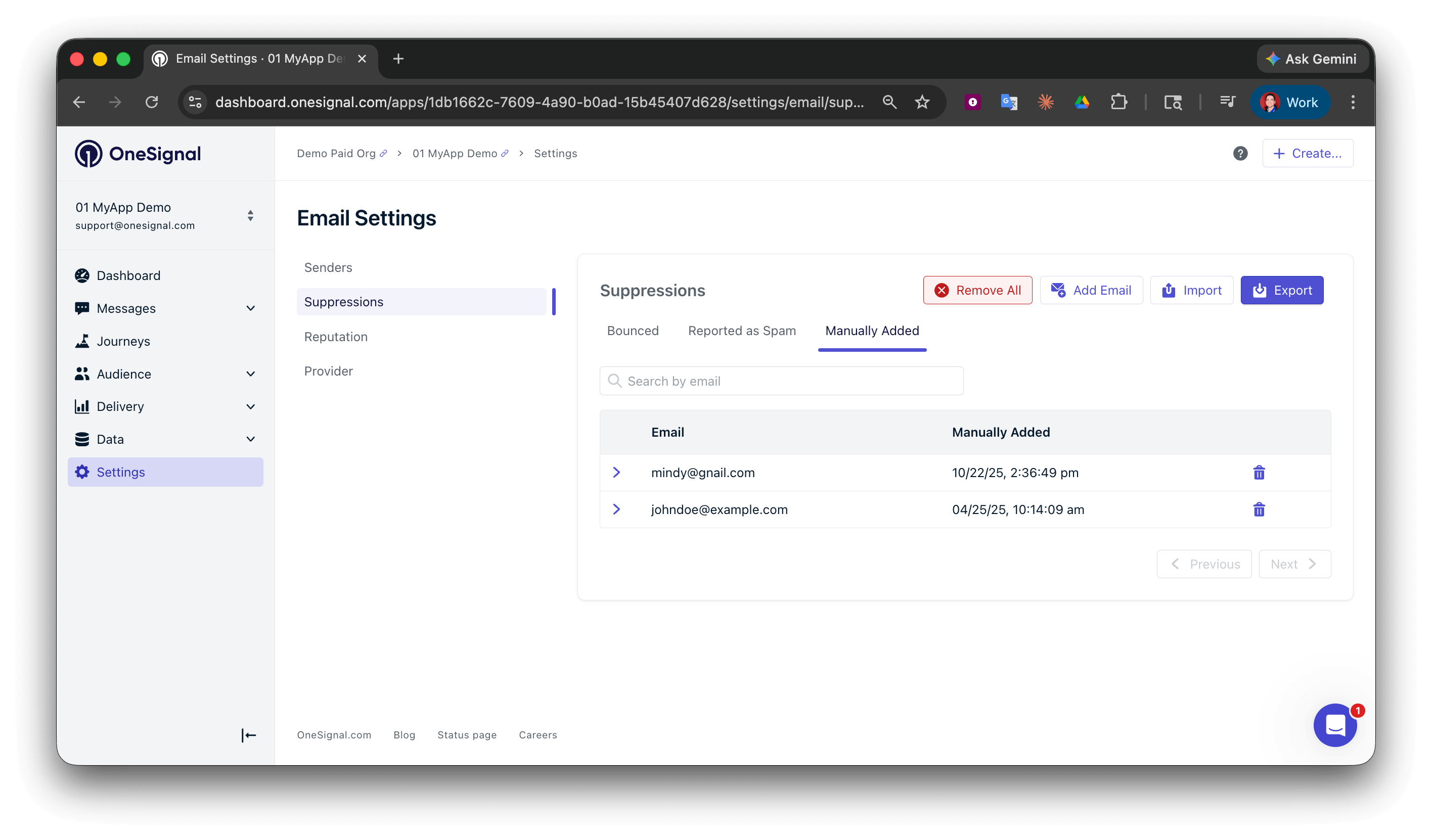 Suppression list in the OneSignal dashboard showing suppressed email addresses