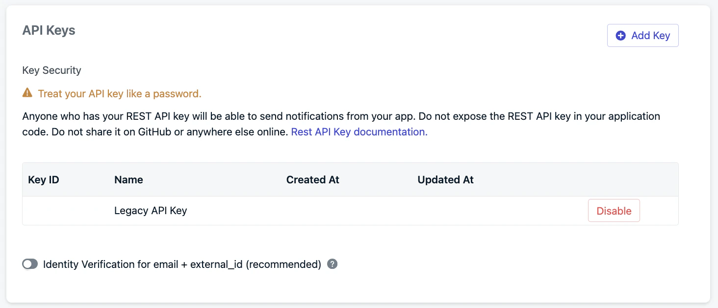 Fenêtre modale de création d'une nouvelle clé API dans le tableau de bord OneSignal.