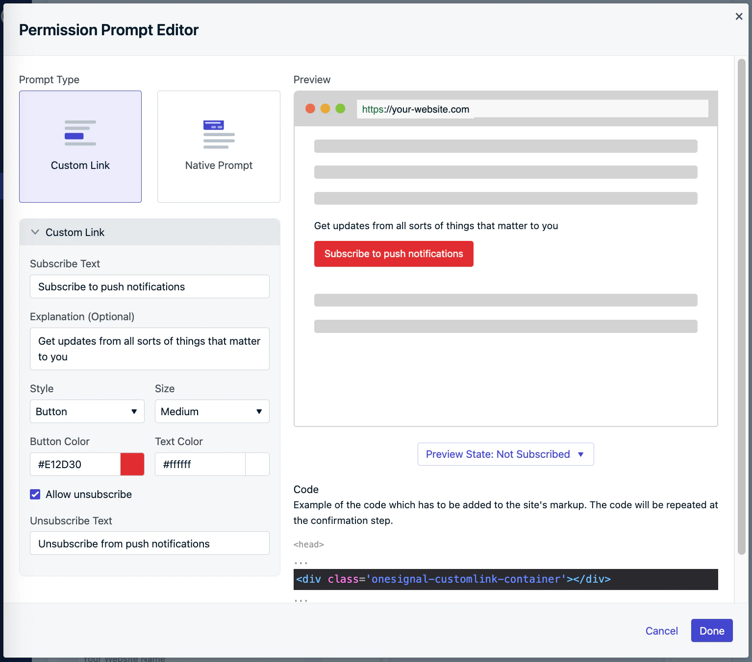 Custom link prompt setup in the dashboard