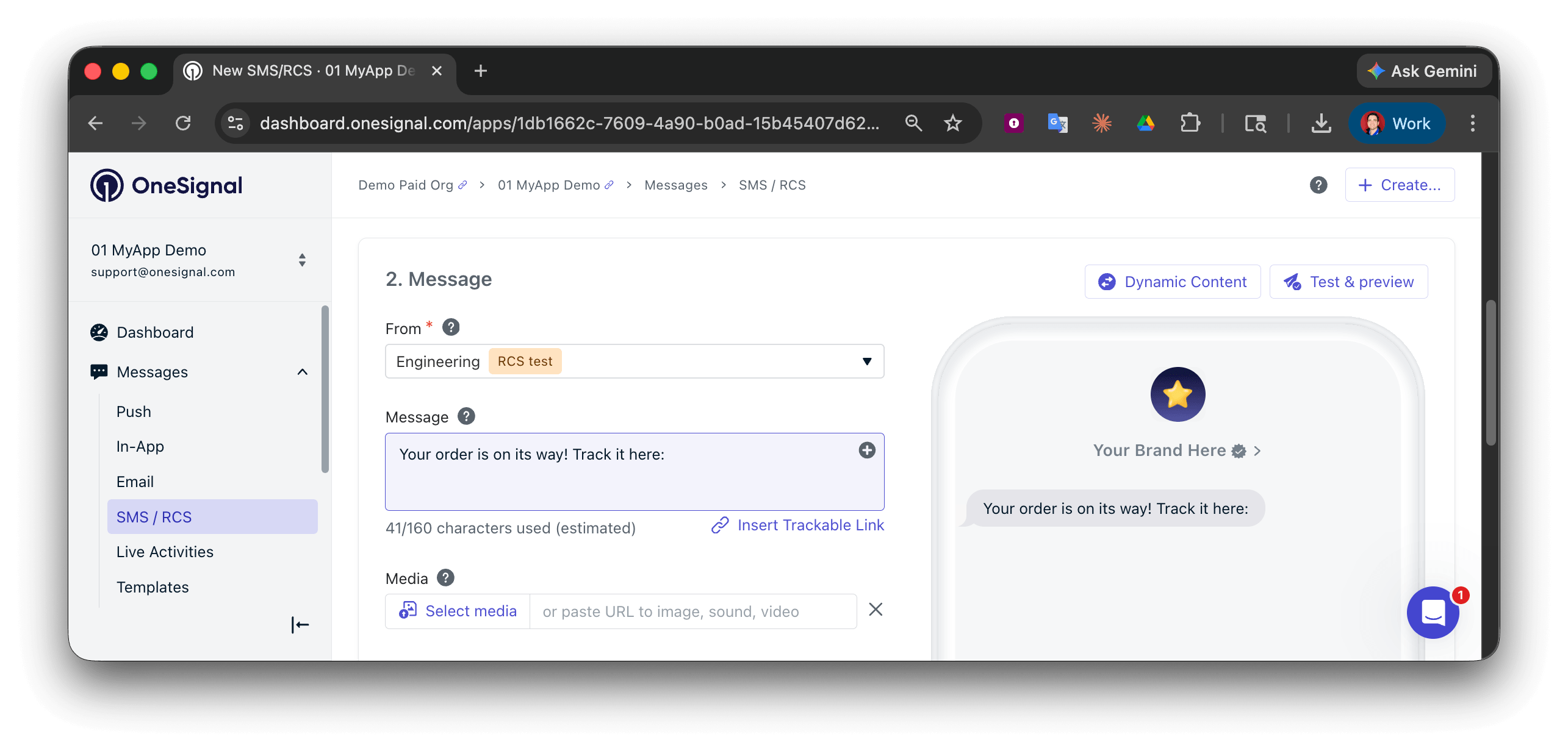 OneSignal 仪表板弹窗,用于向短信消息中插入可跟踪缩短链接