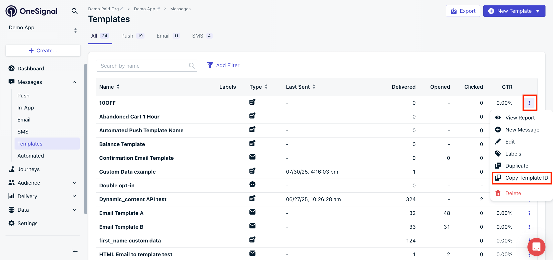 Copy Template ID in OneSignal Dashboard