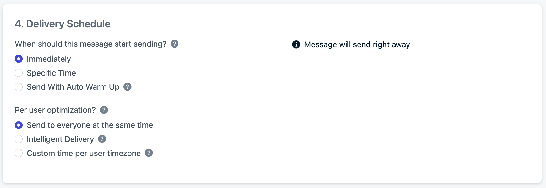 Example shows the email will start sending Jan 22nd at 10AM your time, and will be delivered to each user at 10AM in their timezones with a fallback time to UTC-8 (Pacific Time) f the email address doesn't have a timezone set.