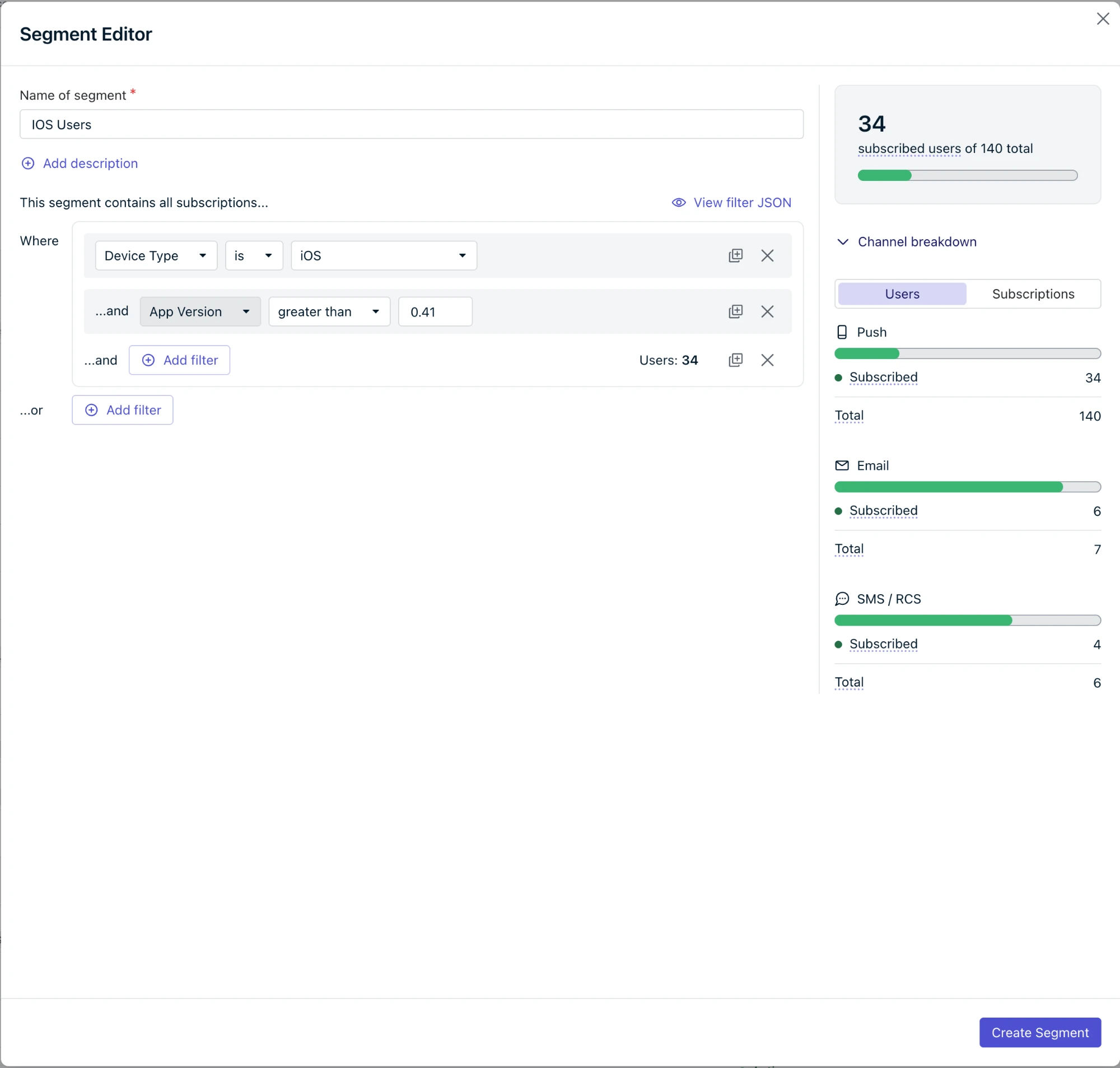 Segment editor with a Device Type is iOS filter and an attached App Version greater than 0.41 filter, showing 34 subscribed users of 140 total and a channel breakdown for push, email, and SMS