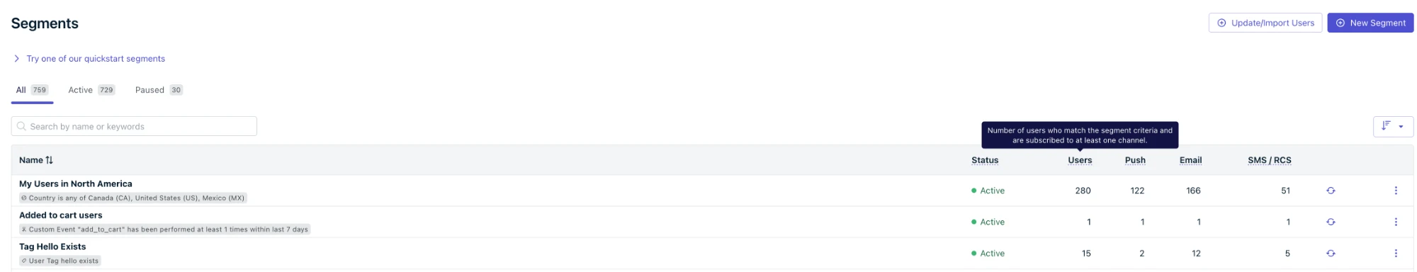 Segments page listing segments with Users, Push, Email, and SMS / RCS count columns
