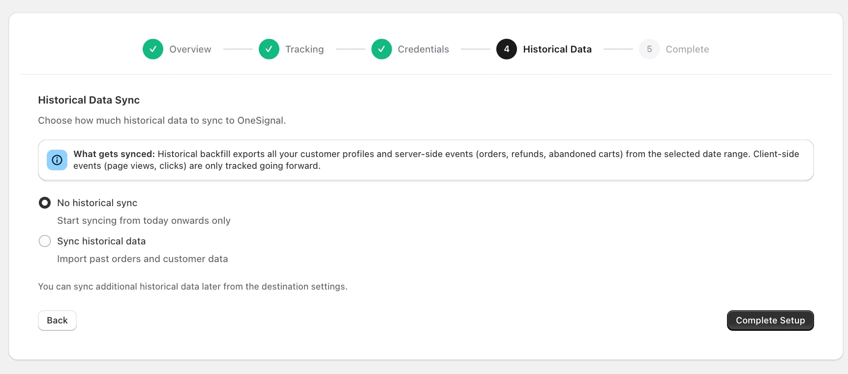 Vendo historical data settings showing sync options for Shopify data