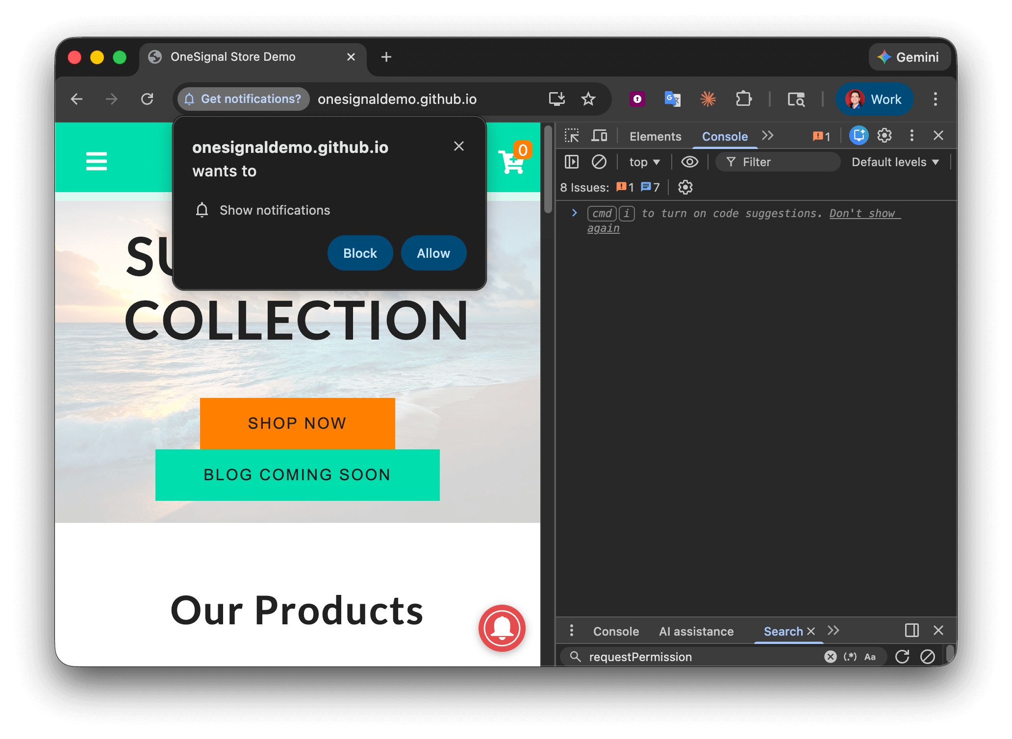 ブラウザ通知権限プロンプトが通知を許可またはブロックするよう求めています