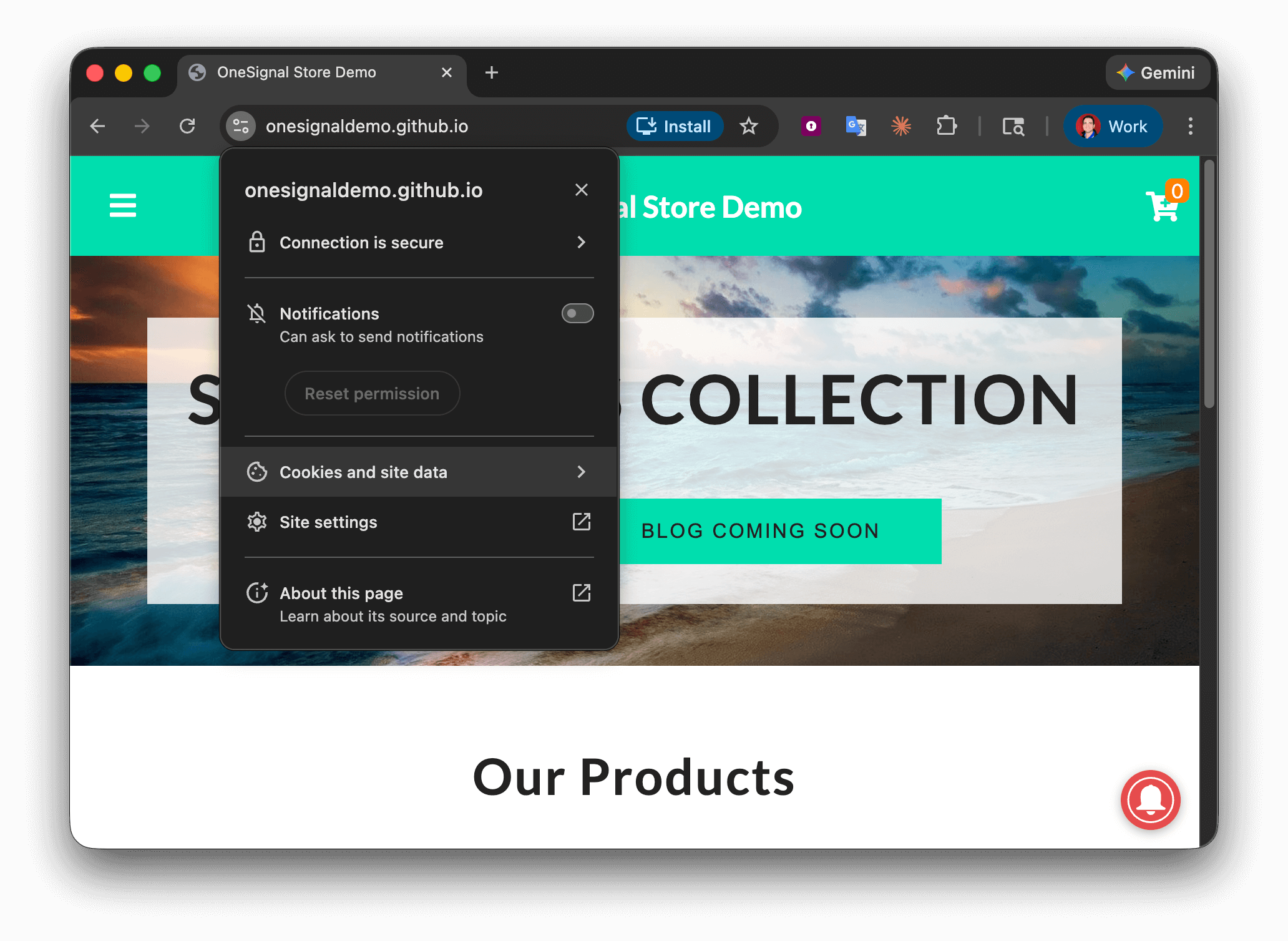 Chrome サイト設定パネルに通知のリセット権限とCookieオプションが表示されています