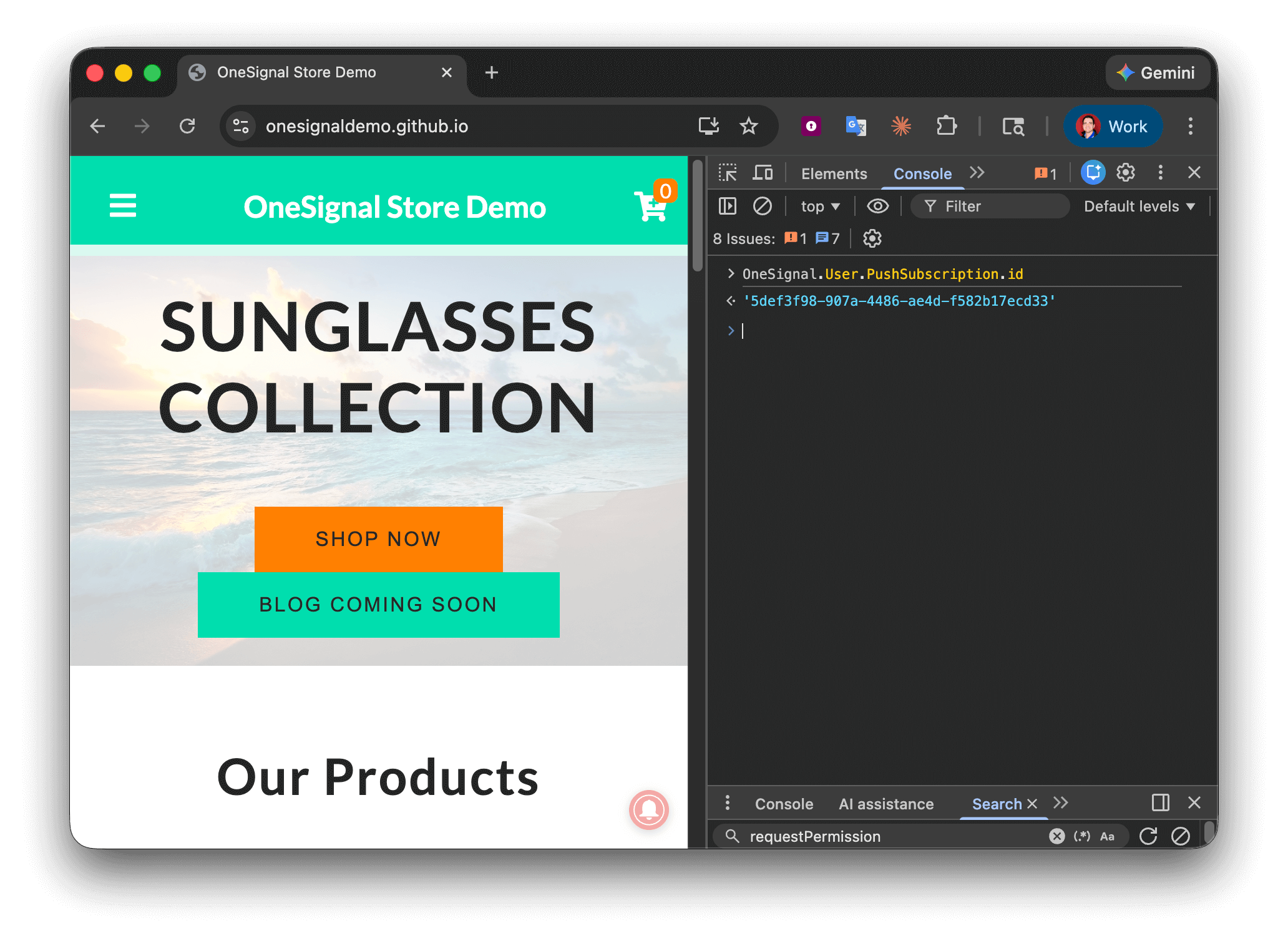 JavaScriptコンソールにOneSignal.User.PushSubscription.idがサブスクリプションIDを返している様子