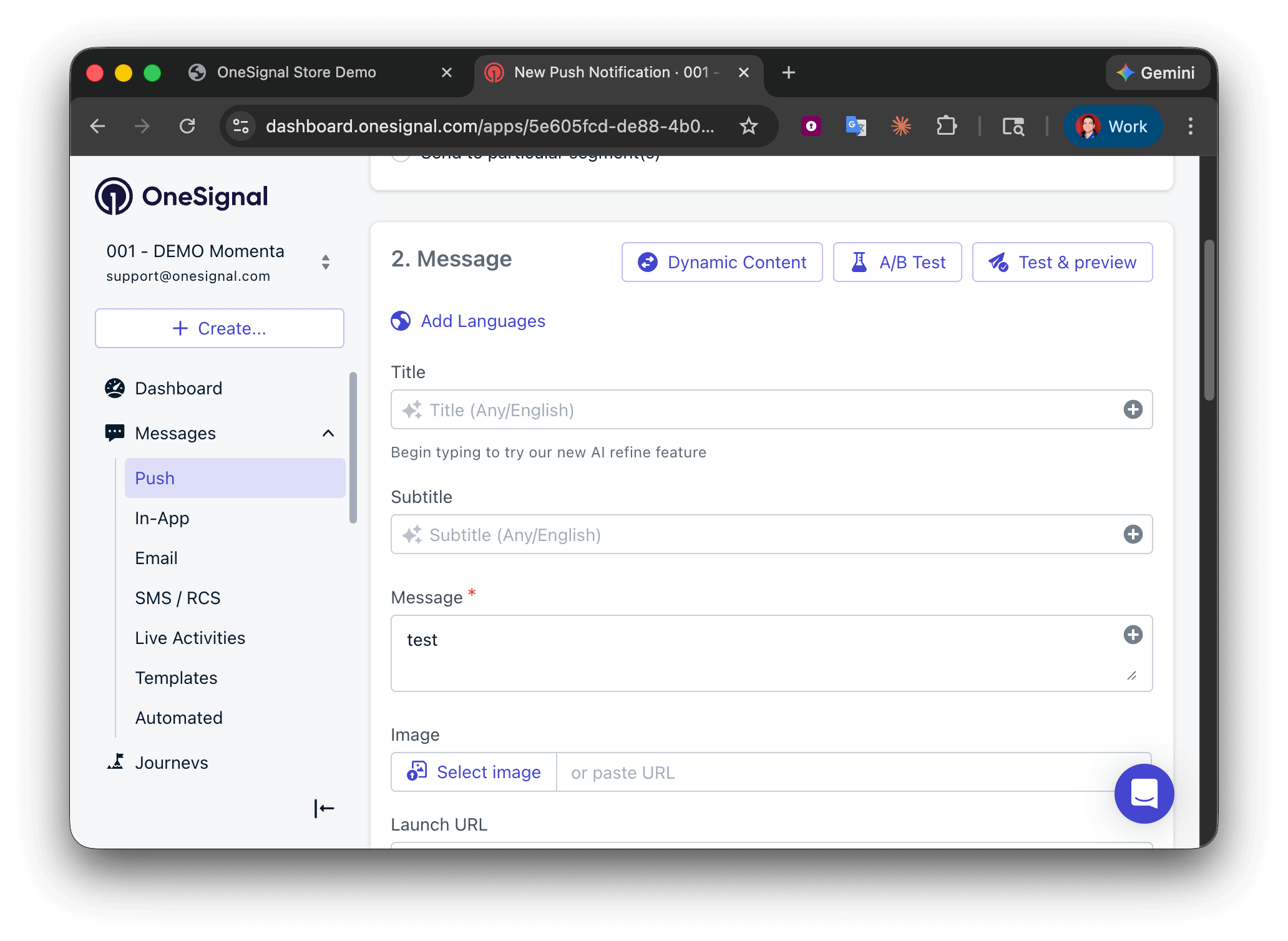 OneSignalダッシュボードにテストサブスクリプションが選択された新しいプッシュメッセージフォームが表示されています