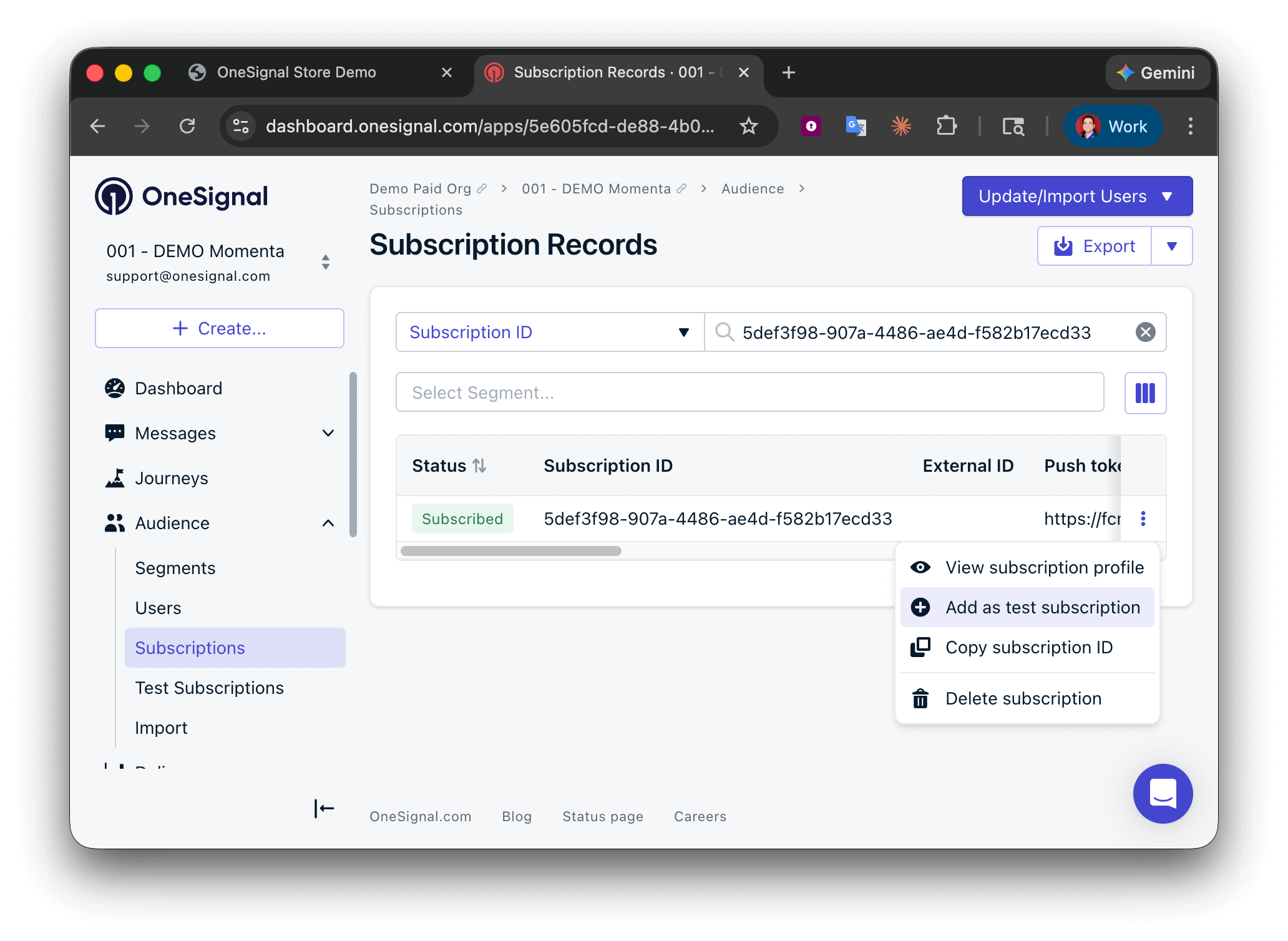 OneSignalダッシュボードにサブスクリプションIDが貼り付けられたサブスクリプション検索バーが表示されています