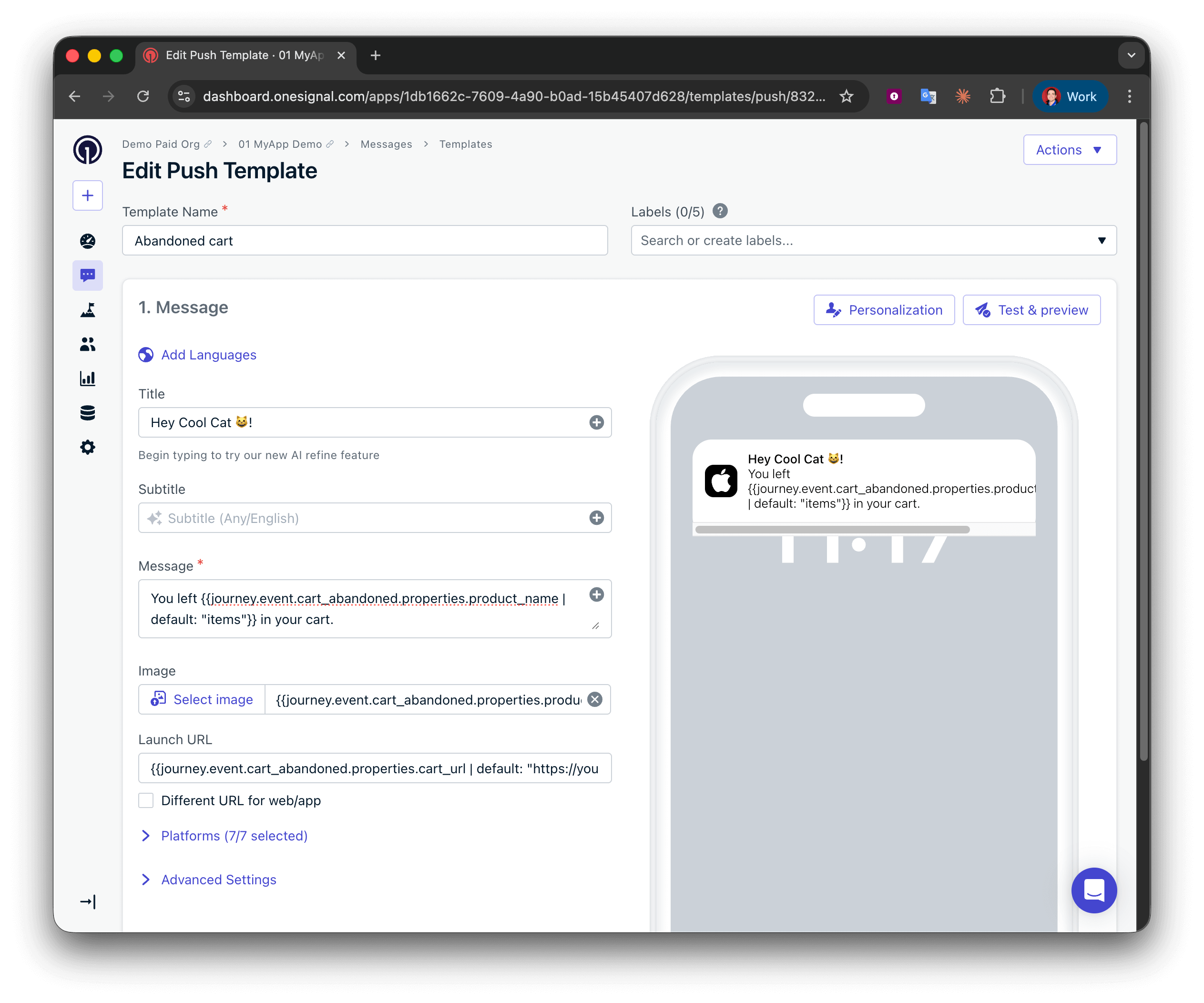 Exemple de modèle de panier abandonné avec Custom Events