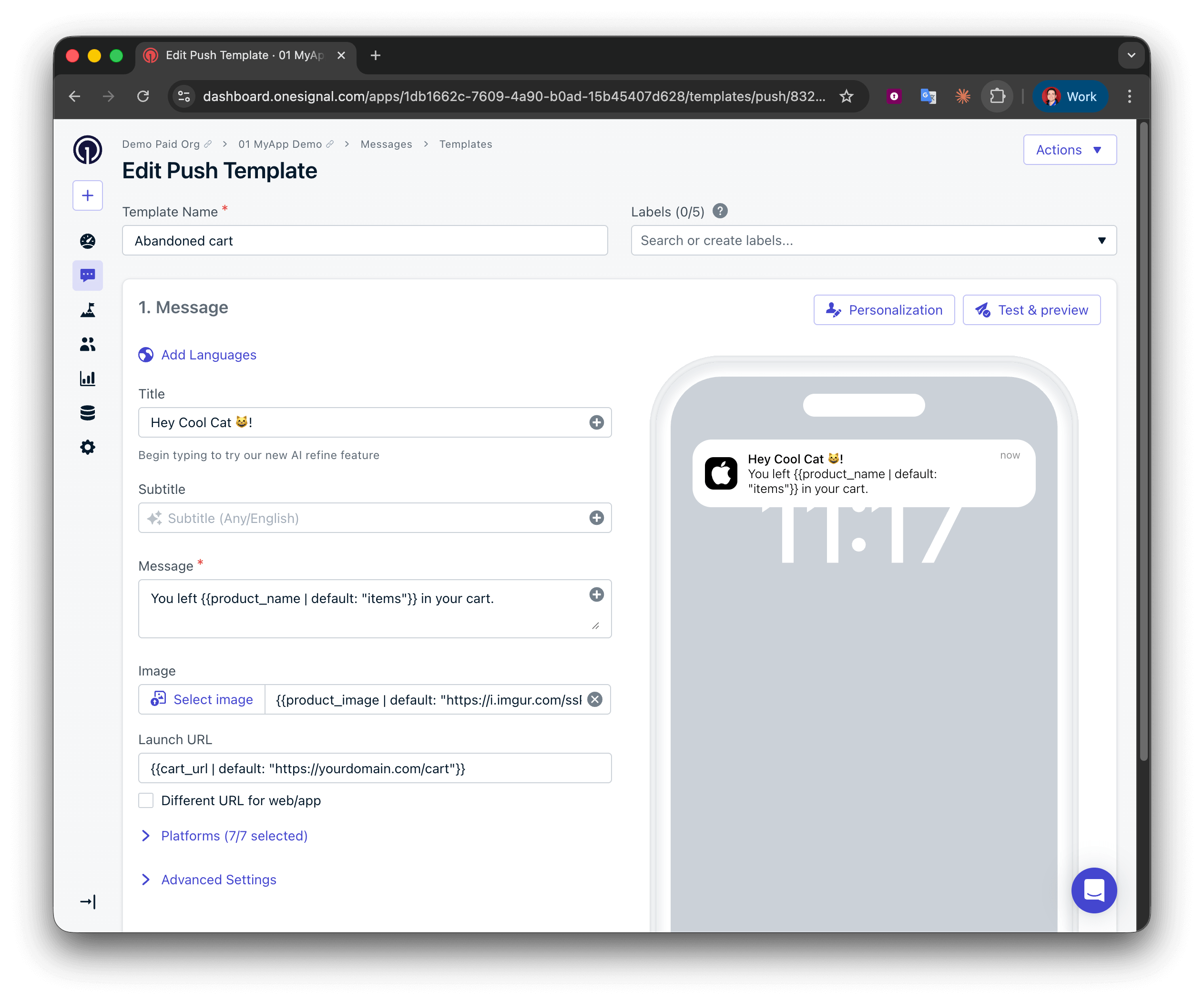 Exemple de modèle de panier abandonné avec Tags