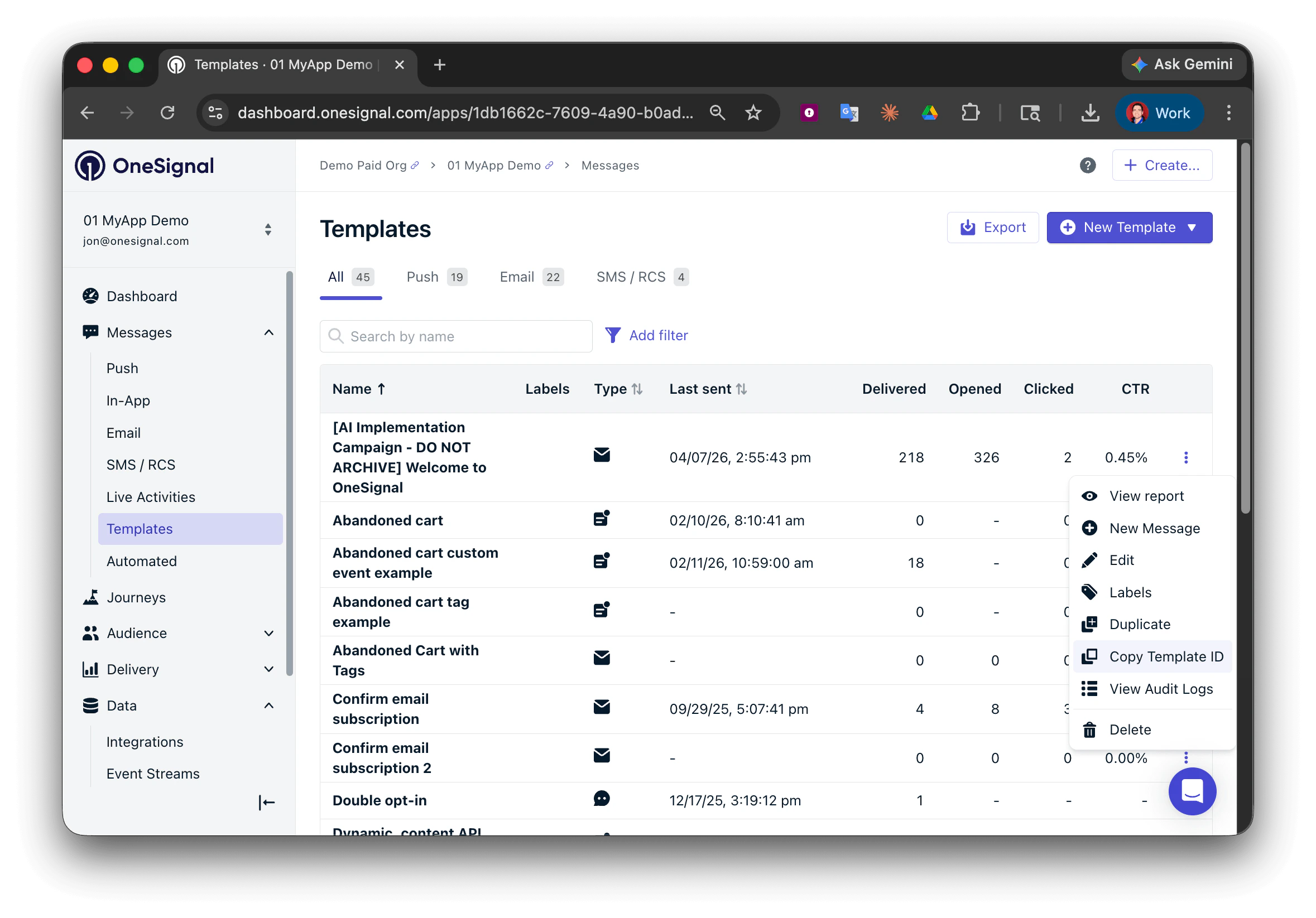 Menu de ação da mensagem com a opção Copiar ID do Modelo
