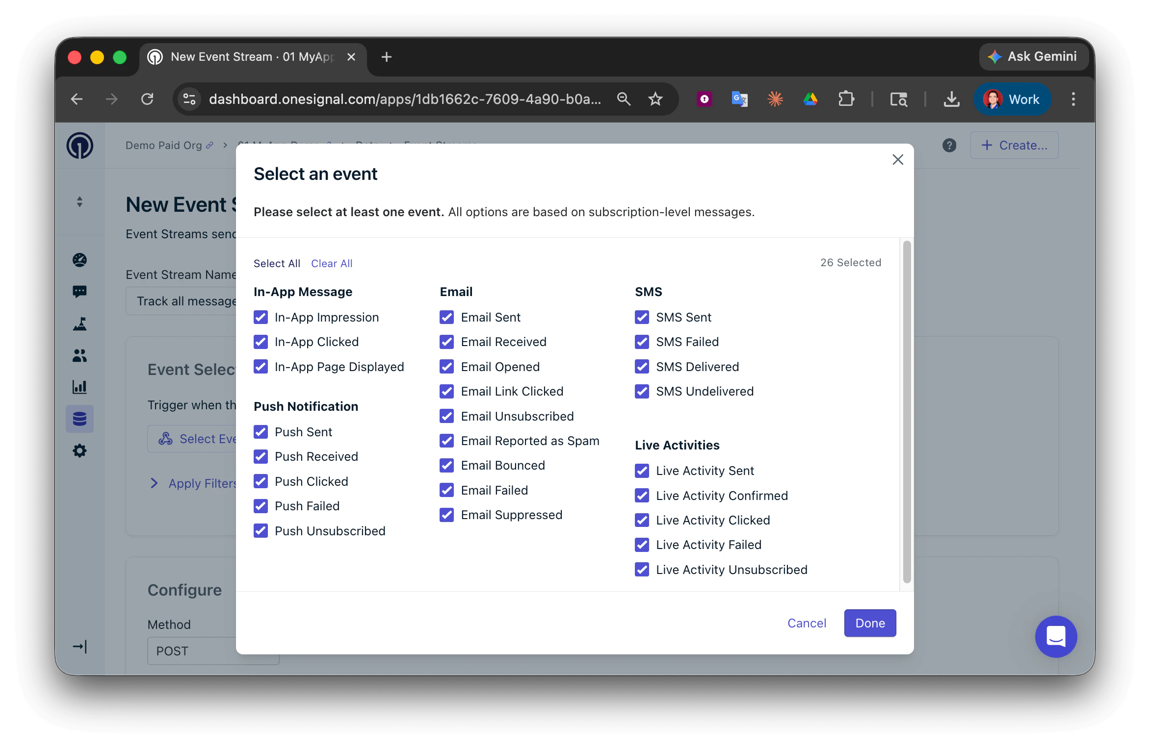 Seleção de eventos do event stream com canal e tipos de eventos marcados