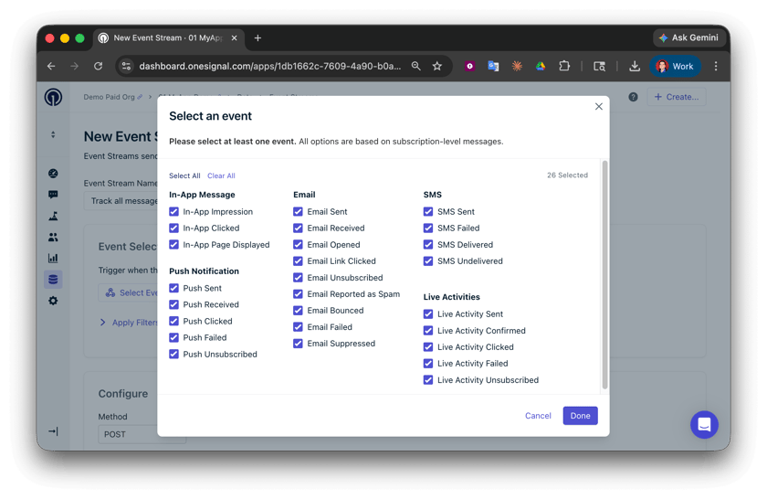 Event Selection Post Event Streams - OneSignal