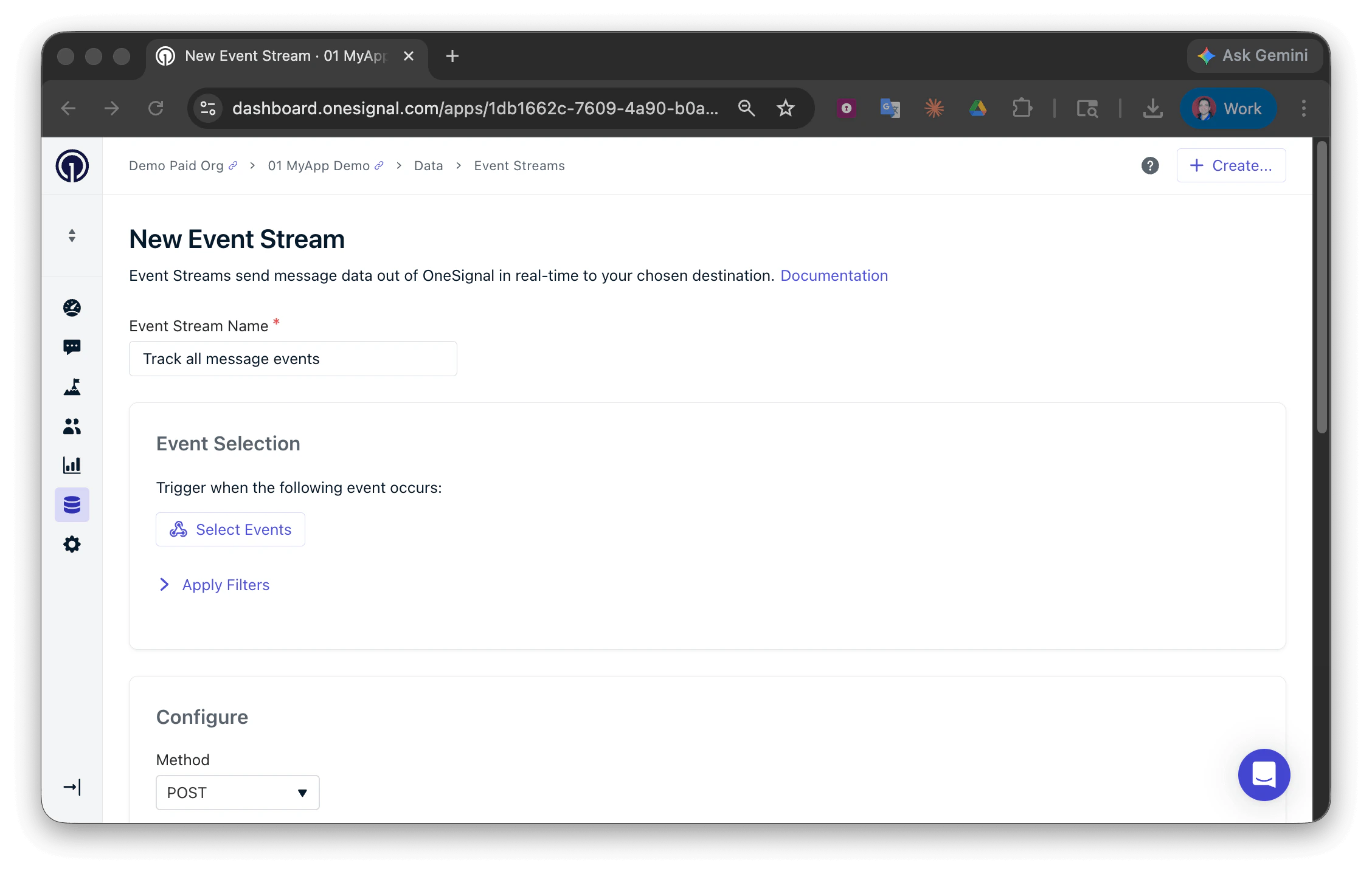 Configuração do event stream mostrando as opções Selecionar Eventos e acionador de webhook