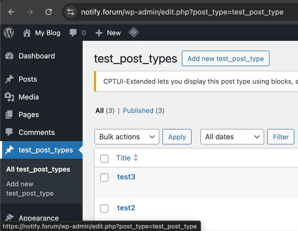 Configurações do plugin WordPress OneSignal mostrando o campo Tipos de Post Personalizados