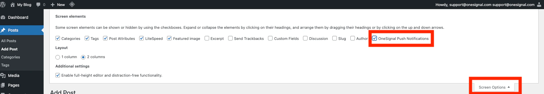 Opções de Tela mostrando a metabox OneSignal Push Notifications marcada
