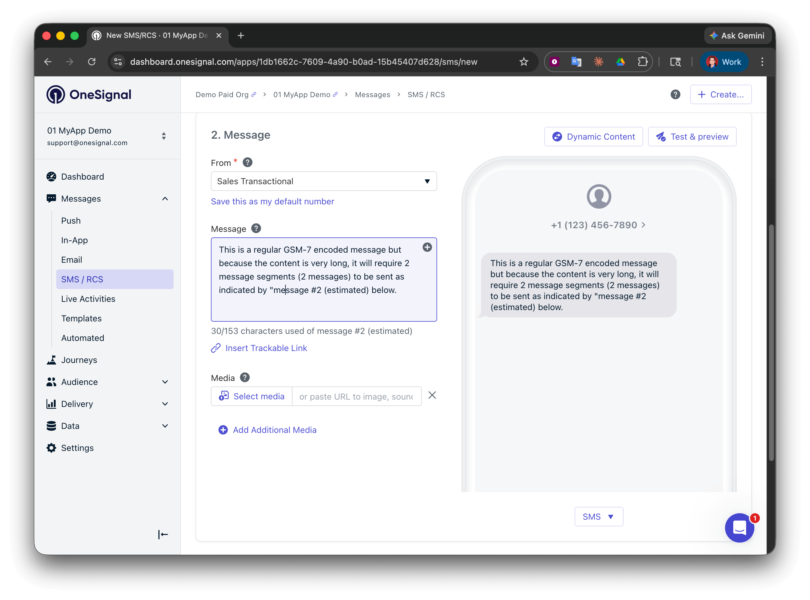 OneSignal SMS composer showing a GSM-7 encoded message with segment count