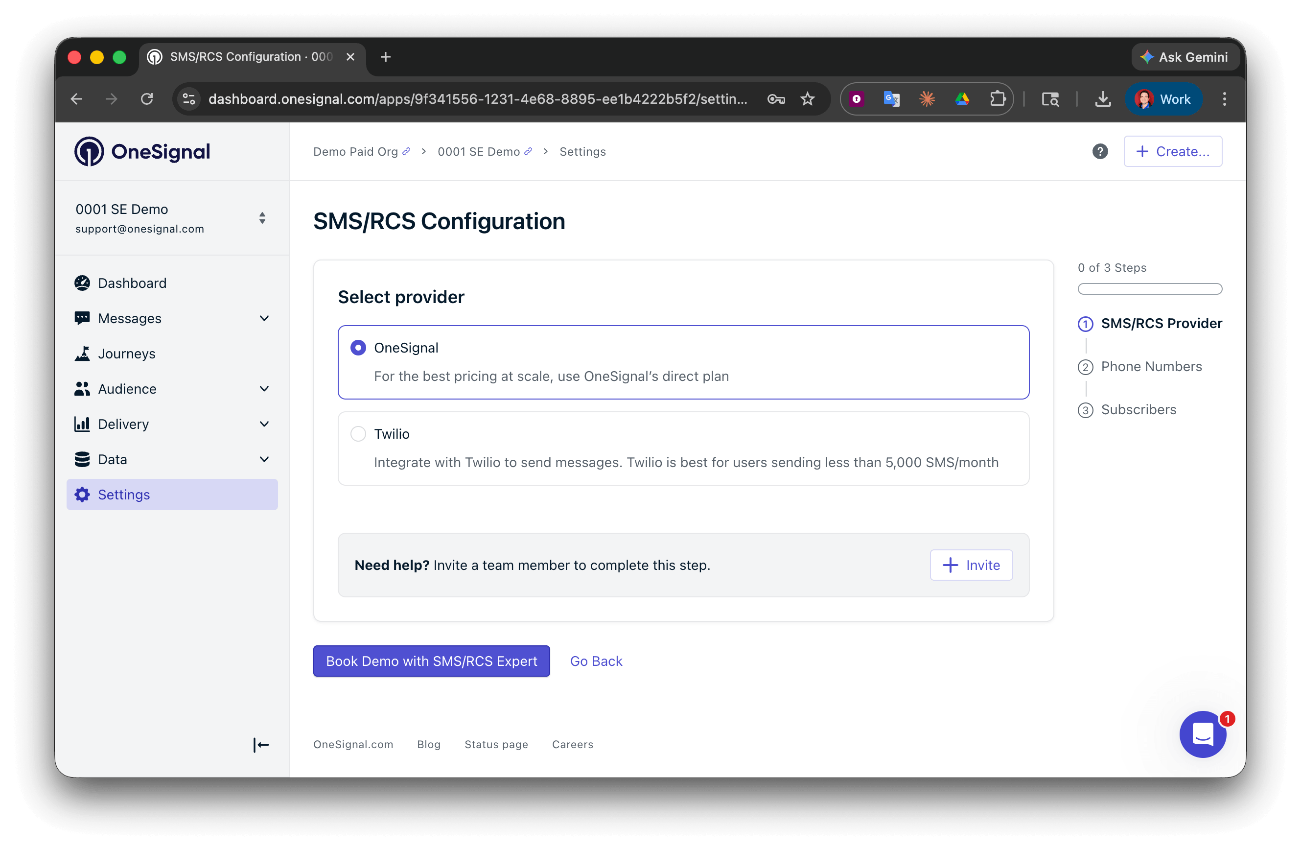 OneSignal dashboard showing OneSignal and Twilio provider options