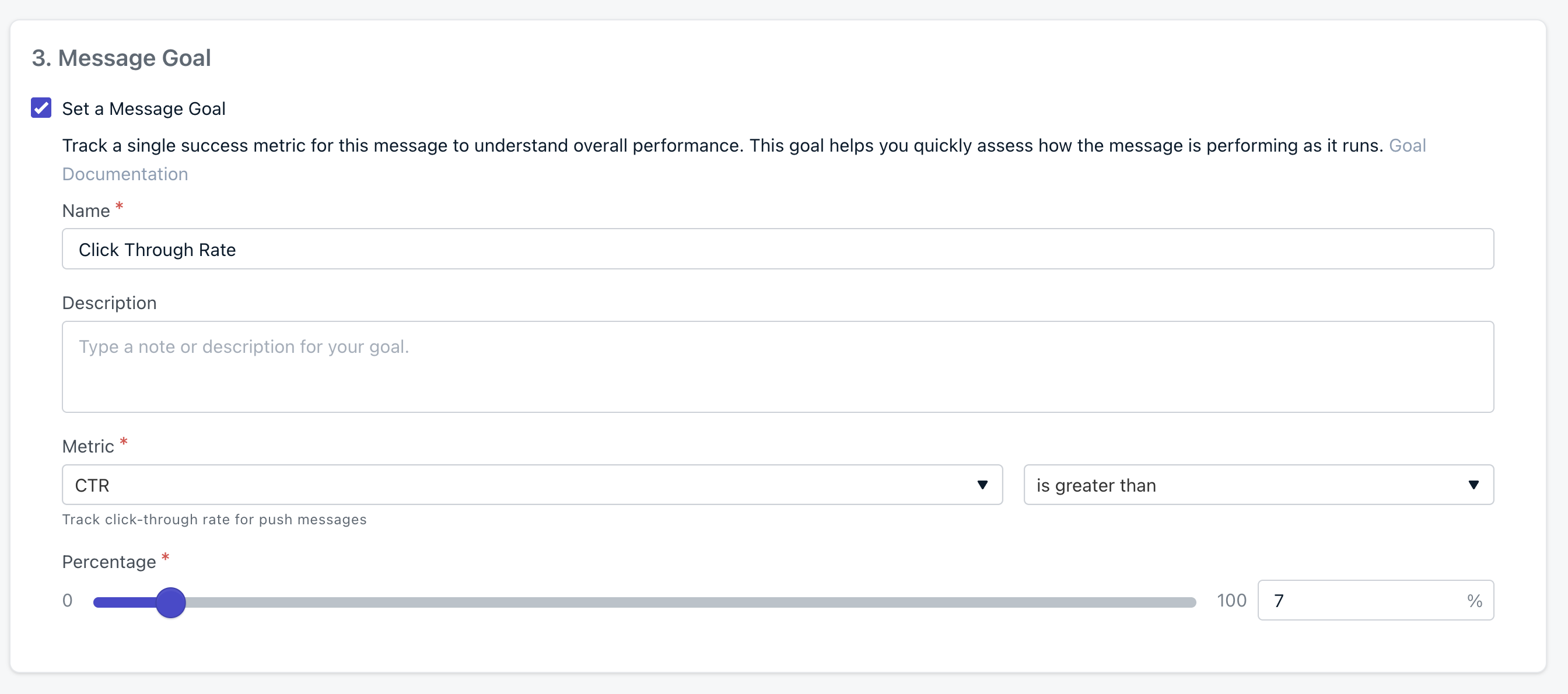 Message Goal step in the push notification composer showing the goal name Click Through Rate, CTR metric selected, Rate toggle selected, and a target percentage of 7 percent.