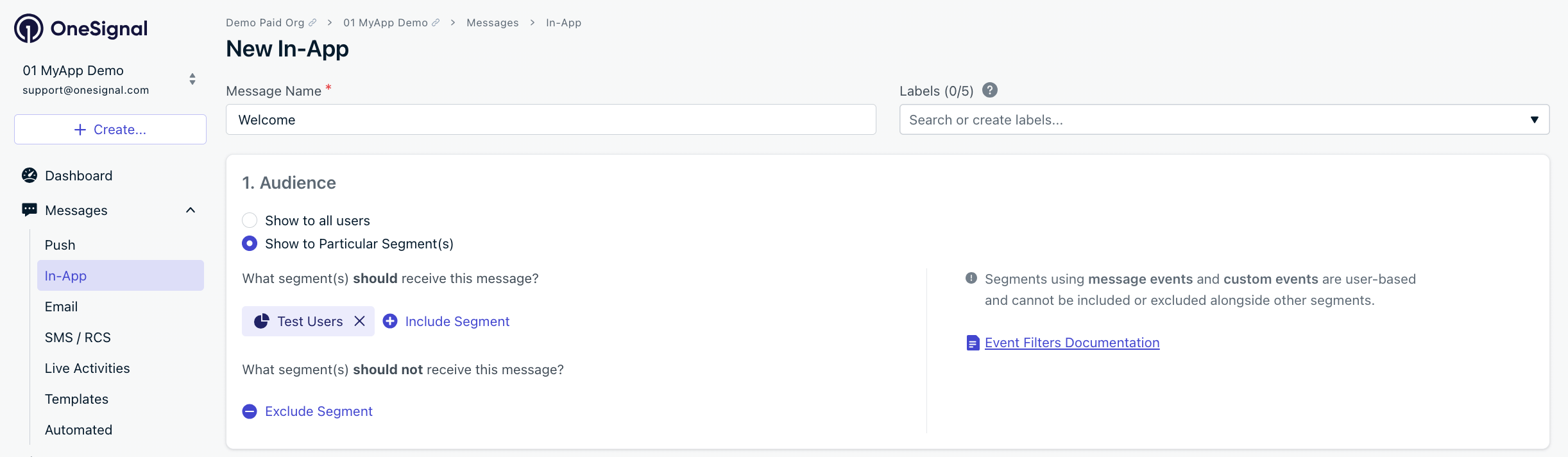 Targeting the 'Test Users' segment with an in-app message.