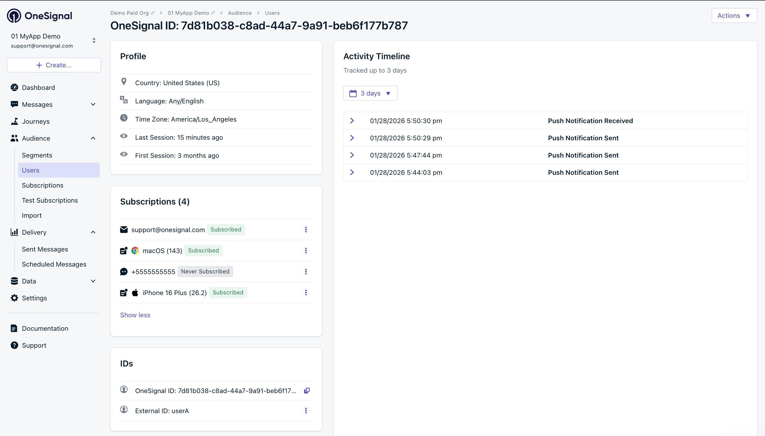A user profile with push, email, and SMS subscriptions unified by External ID.