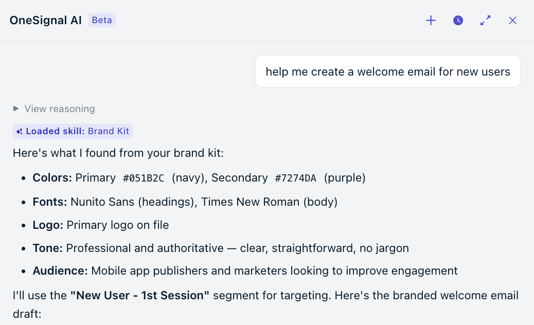 OneSignal AI agent generating a branded email with brand colors and logo applied